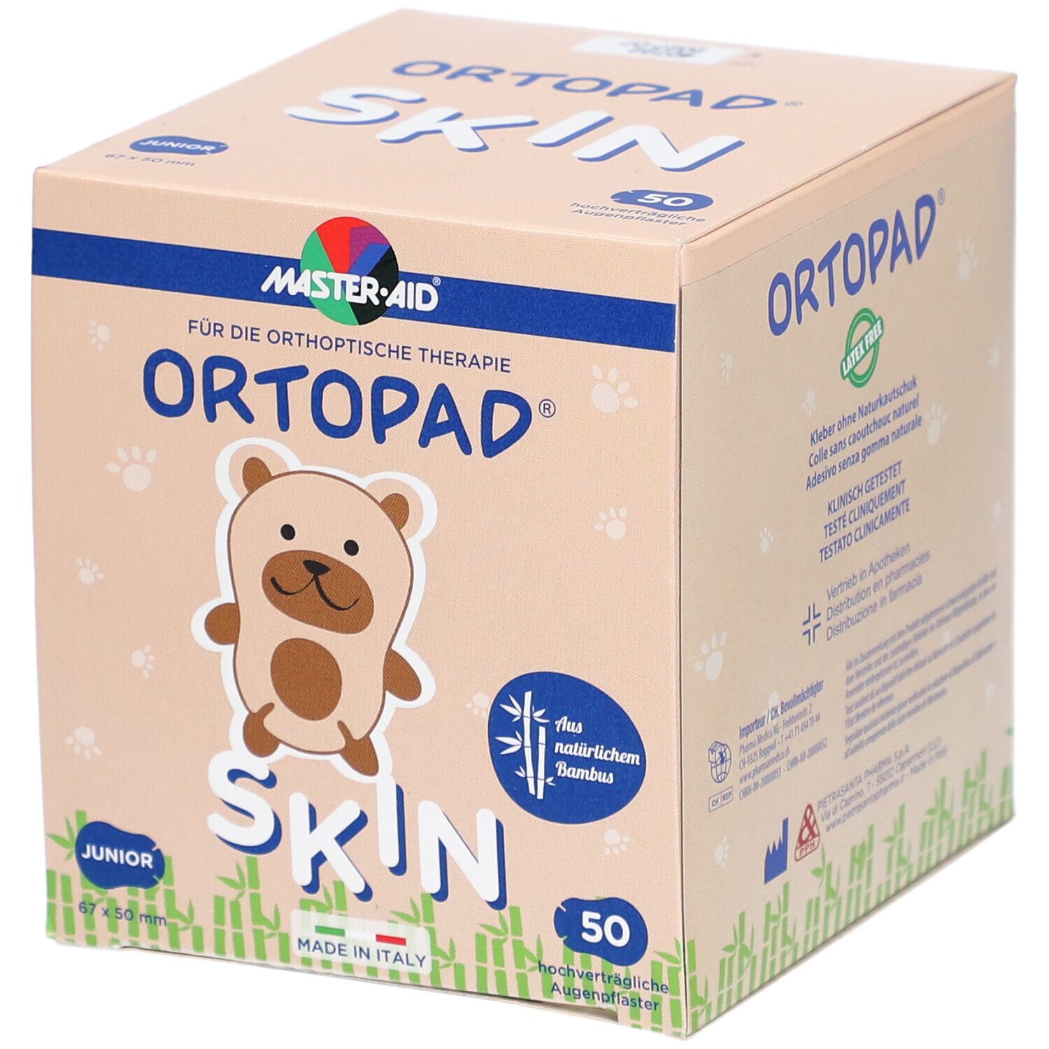 Boîte ORTOPAD Skin Junior, 50 pièces. Illustration d'ours, inscription 'aus natürlichem Bambus'.