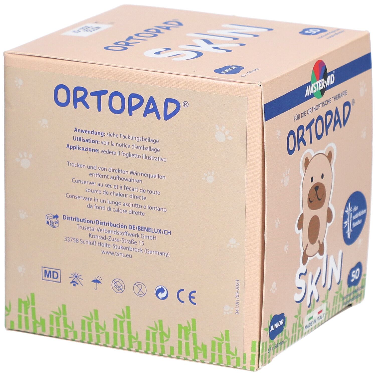 Boîte ORTOPAD Skin. Dos avec texte, y compris instructions d'utilisation. Marquage CE.