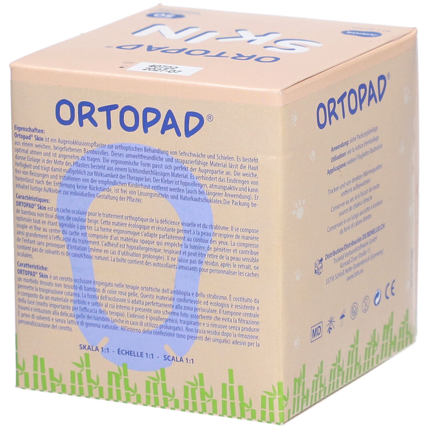 Boîte ORTOPAD Skin. Texte en allemand, y compris propriétés et ingrédients. Échelle 1:1.
