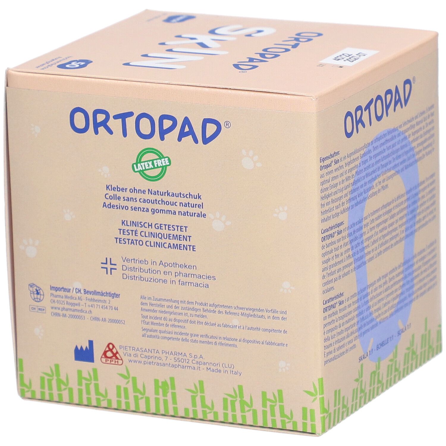 Boîte ORTOPAD Skin. Sans latex, testé cliniquement. Informations de distribution et fabricant.