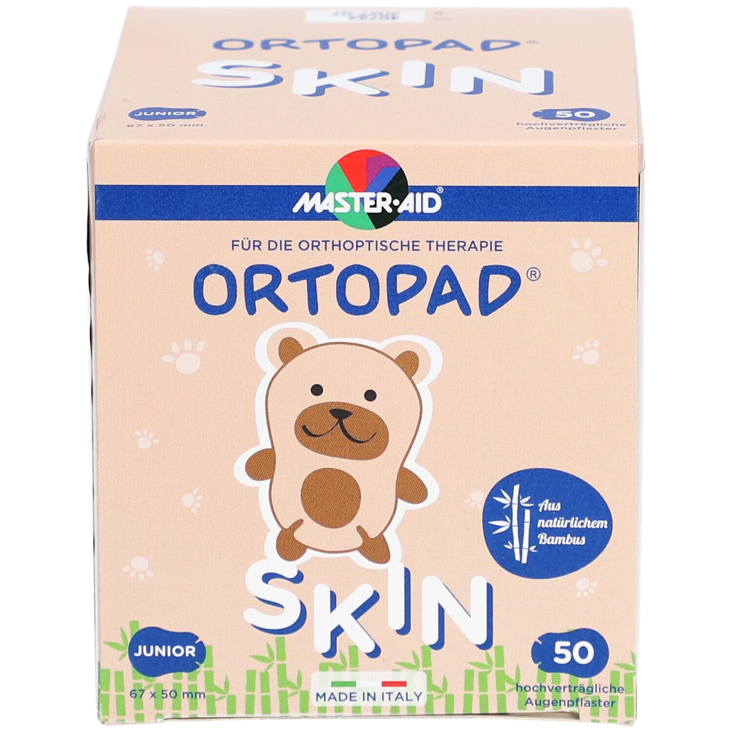 Boîte ORTOPAD Skin Junior, 50 pièces. Illustration d'ours, inscription 'aus natürlichem Bambus'.