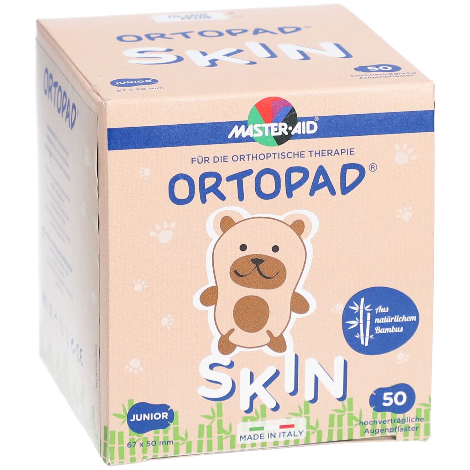 Boîte ORTOPAD Skin Junior, 50 pièces. Illustration d'ours, inscription 'aus natürlichem Bambus'.