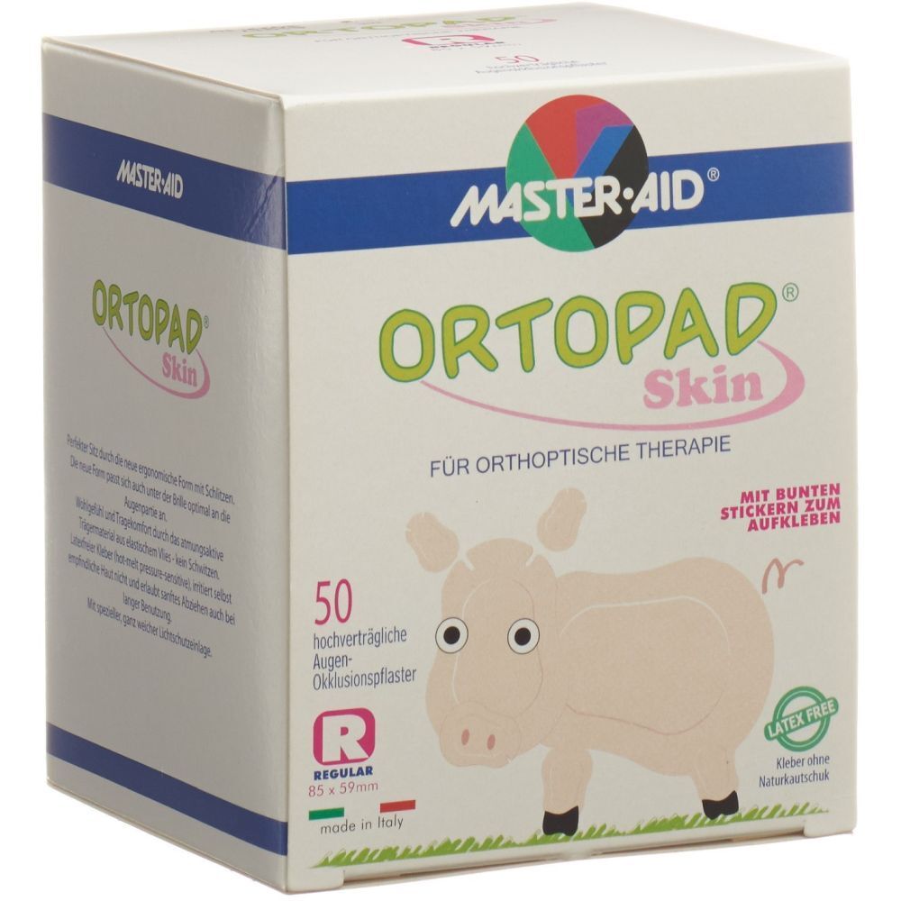 Karton mit ORTOPAD Skin. Aufdruck: 50 Pflaster, Schwein-Illustration, Latex-frei. Marke: MASTER-AID.