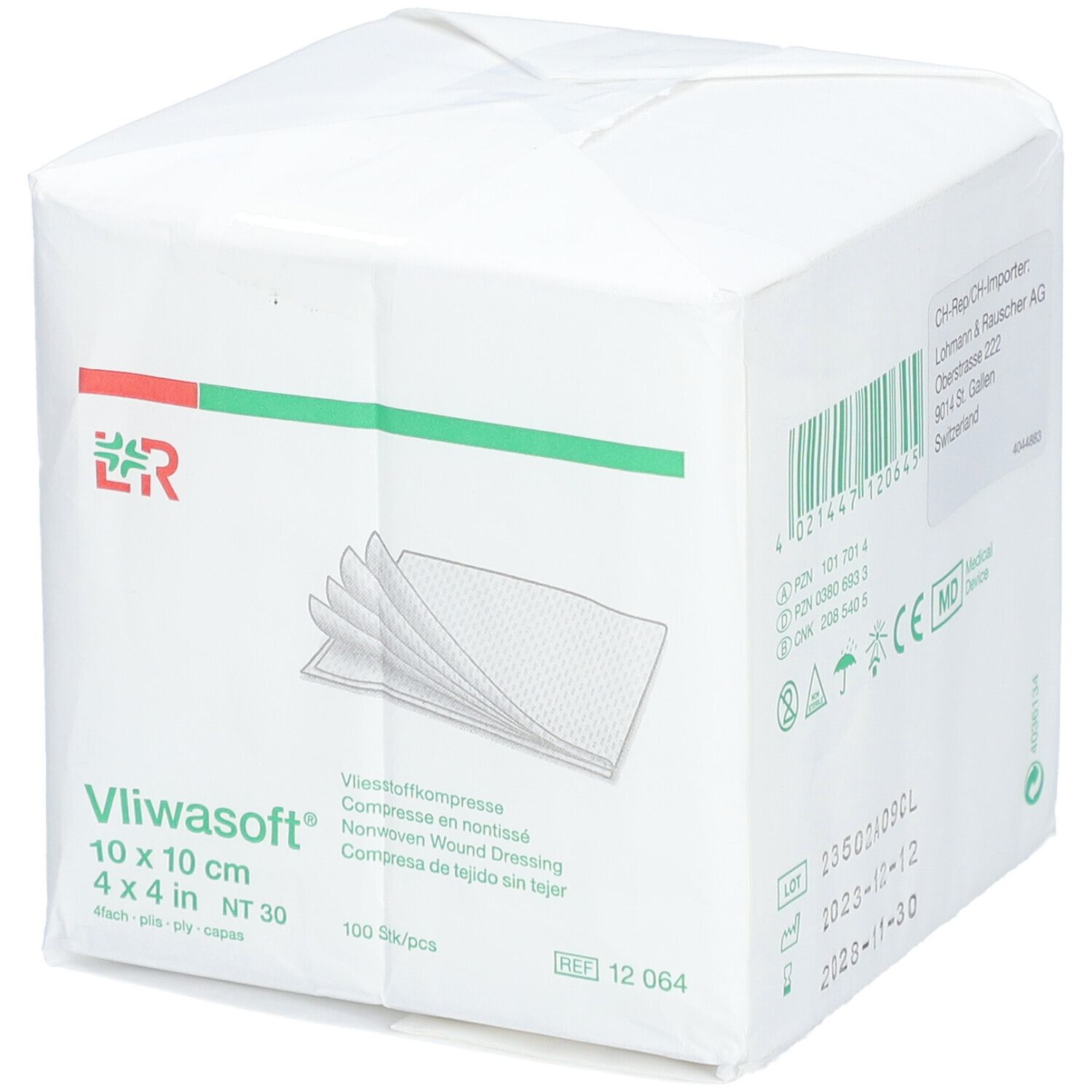 Vliwasoft Kompressen-Packung. 10x10 cm, 4-lagig. Weiße Verpackung mit Produktabbildung und Logo.
