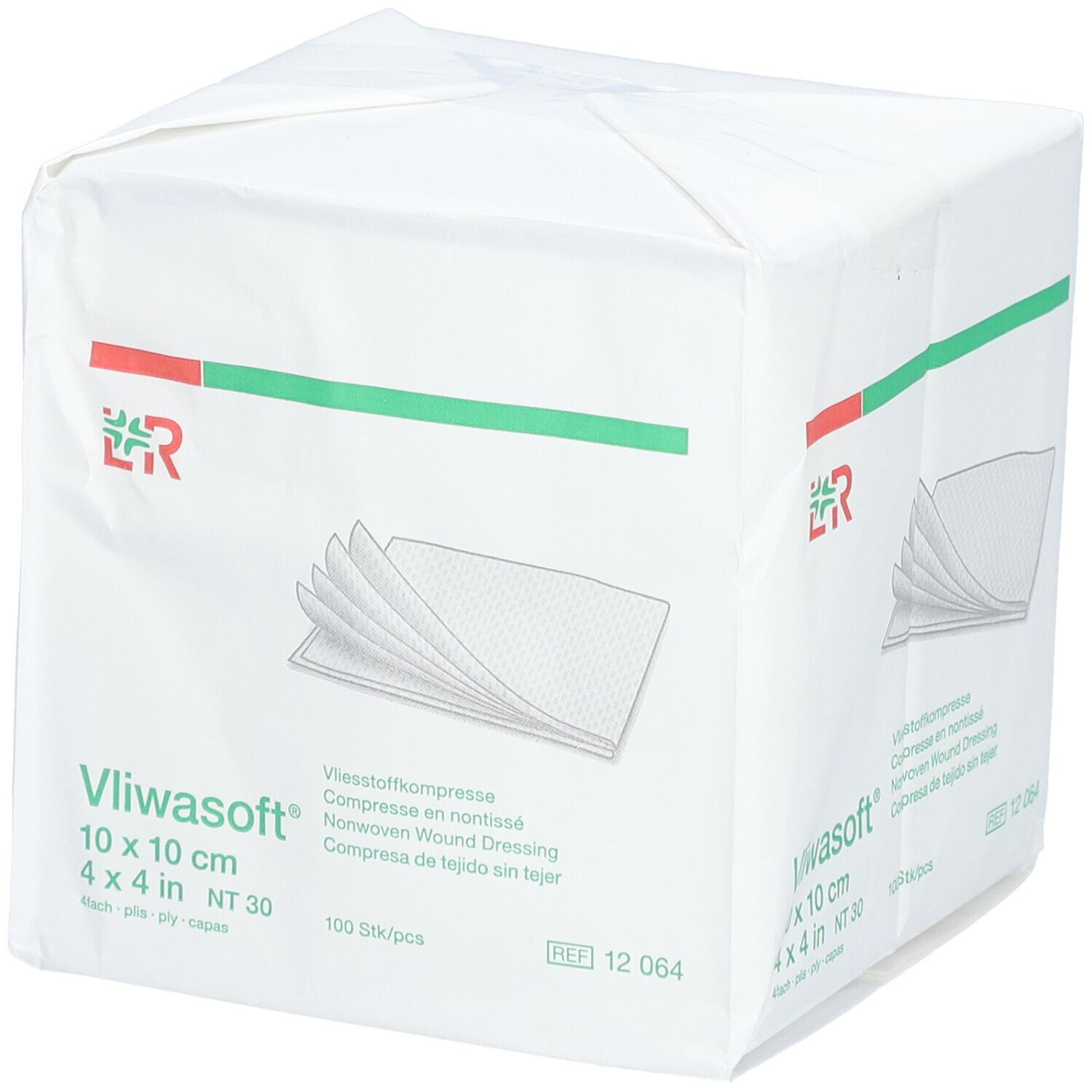 Vliwasoft Kompressen-Packung. 10x10 cm, 4-lagig. Weiße Verpackung mit Produktabbildung und Logo.