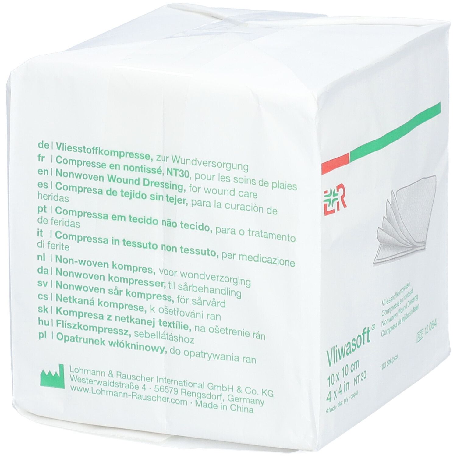 Vliwasoft Kompressen-Packung. 10x10 cm, 4-lagig. Weiße Verpackung mit Produktinformationen in mehreren Sprachen.