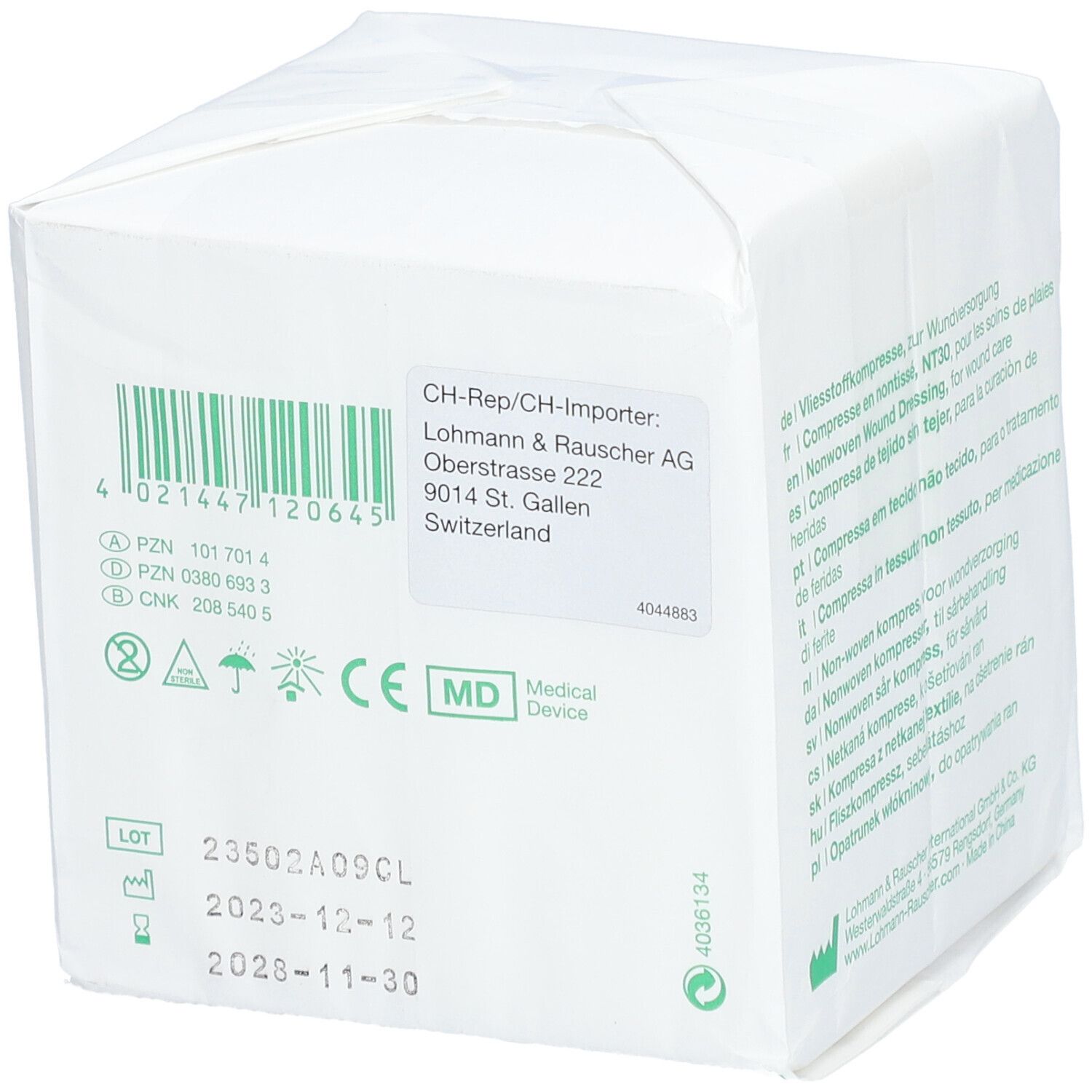 Vliwasoft Kompressen-Packung. 10x10 cm, 4-lagig. Weiße Verpackung mit Chargennummer und CE-Kennzeichnung.