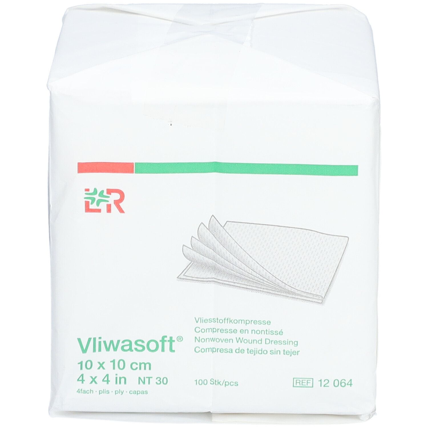 Vliwasoft Kompressen-Packung. 10x10 cm, 4-lagig. Weiße Verpackung mit Produktabbildung und Logo.