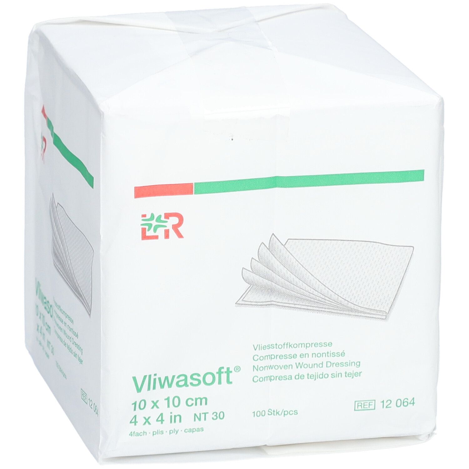 Vliwasoft Kompressen-Packung. 10x10 cm, 4-lagig. Weiße Verpackung mit Produktabbildung und Logo.