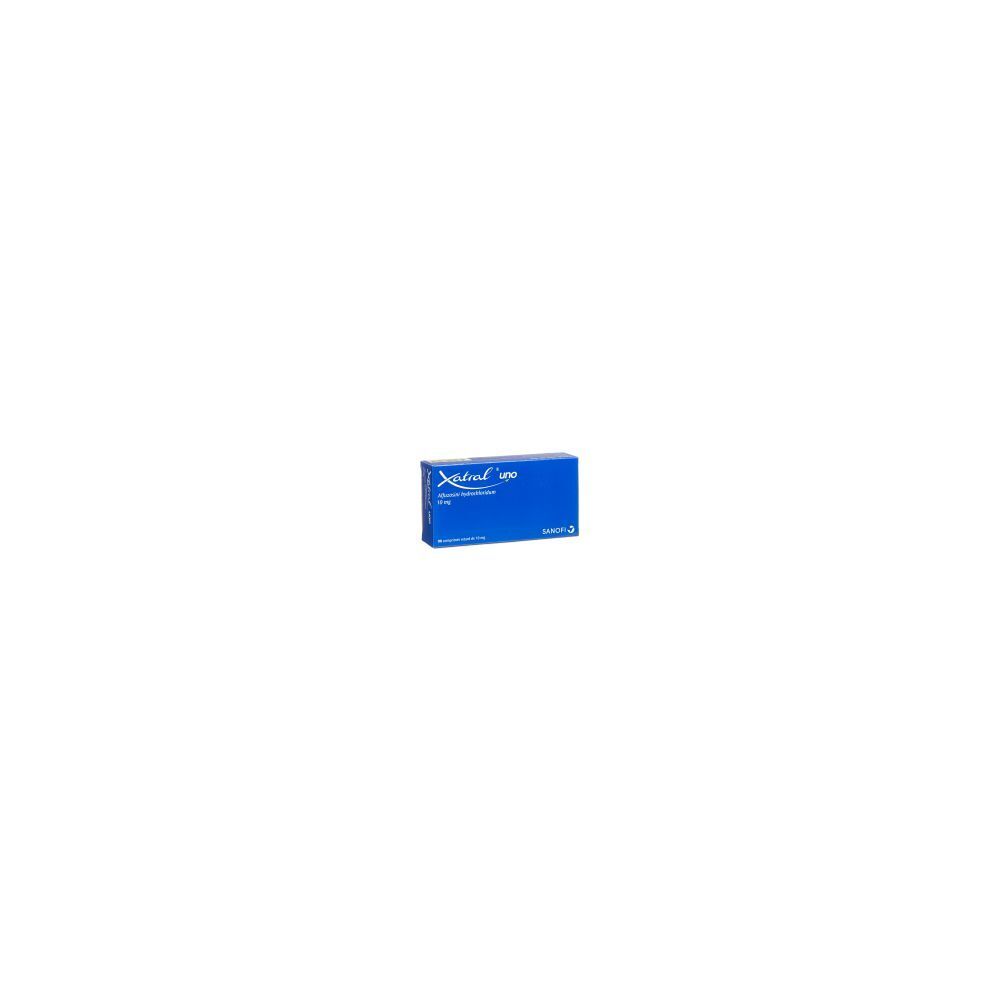 Blaues XATRAL uno-Tabletten-Pack. Aufschrift: XATRAL uno, 10 mg. Packung mit Tabletten.