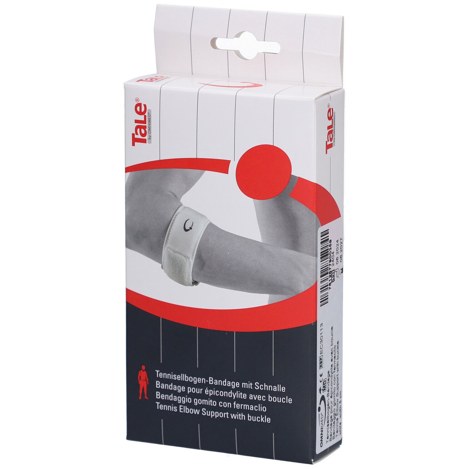 Verpackung mit Bandage für den Ellenbogen. Text: Tale, Tennisellbogen-Bandage mit Schnalle. Abbildung eines Arms mit Bandage.