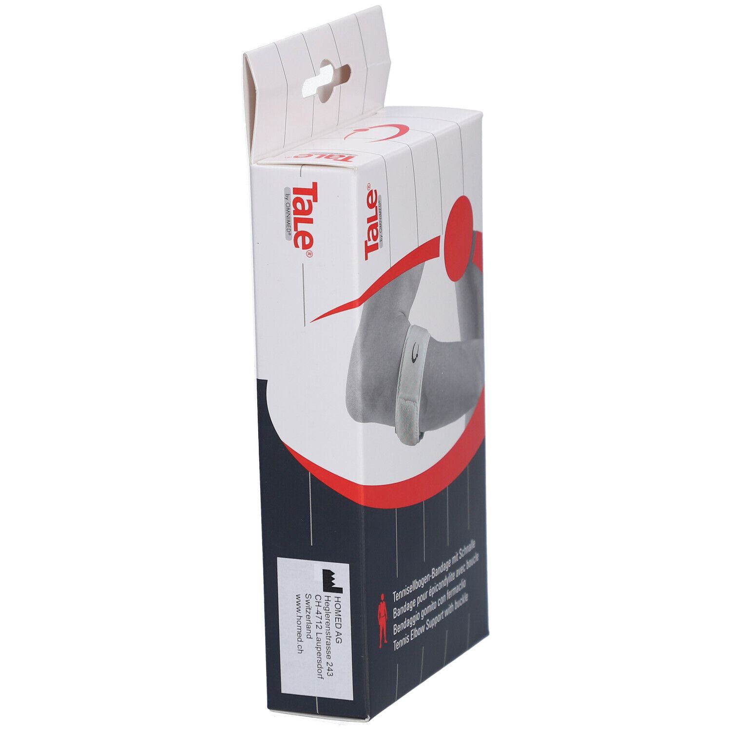 Verpackung, Seitenansicht. Text: Tale. Aufdruck: Tennisellbogen-Bandage mit Schnalle. Logo: HOMED AG.