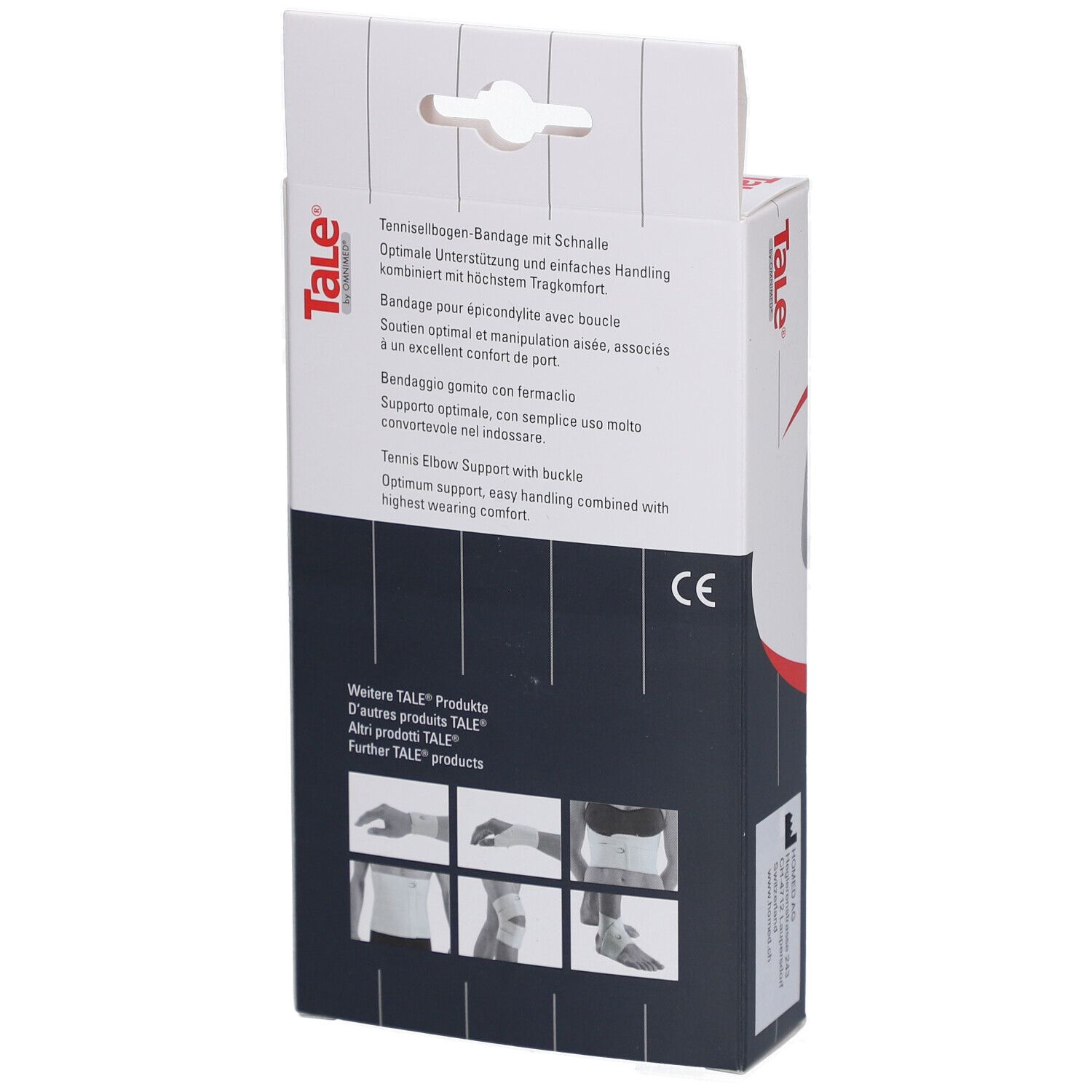 Rückseite der Verpackung. Text: Tale, Tennisellbogen-Bandage mit Schnalle. CE-Zeichen. Abbildungen der Anwendung.