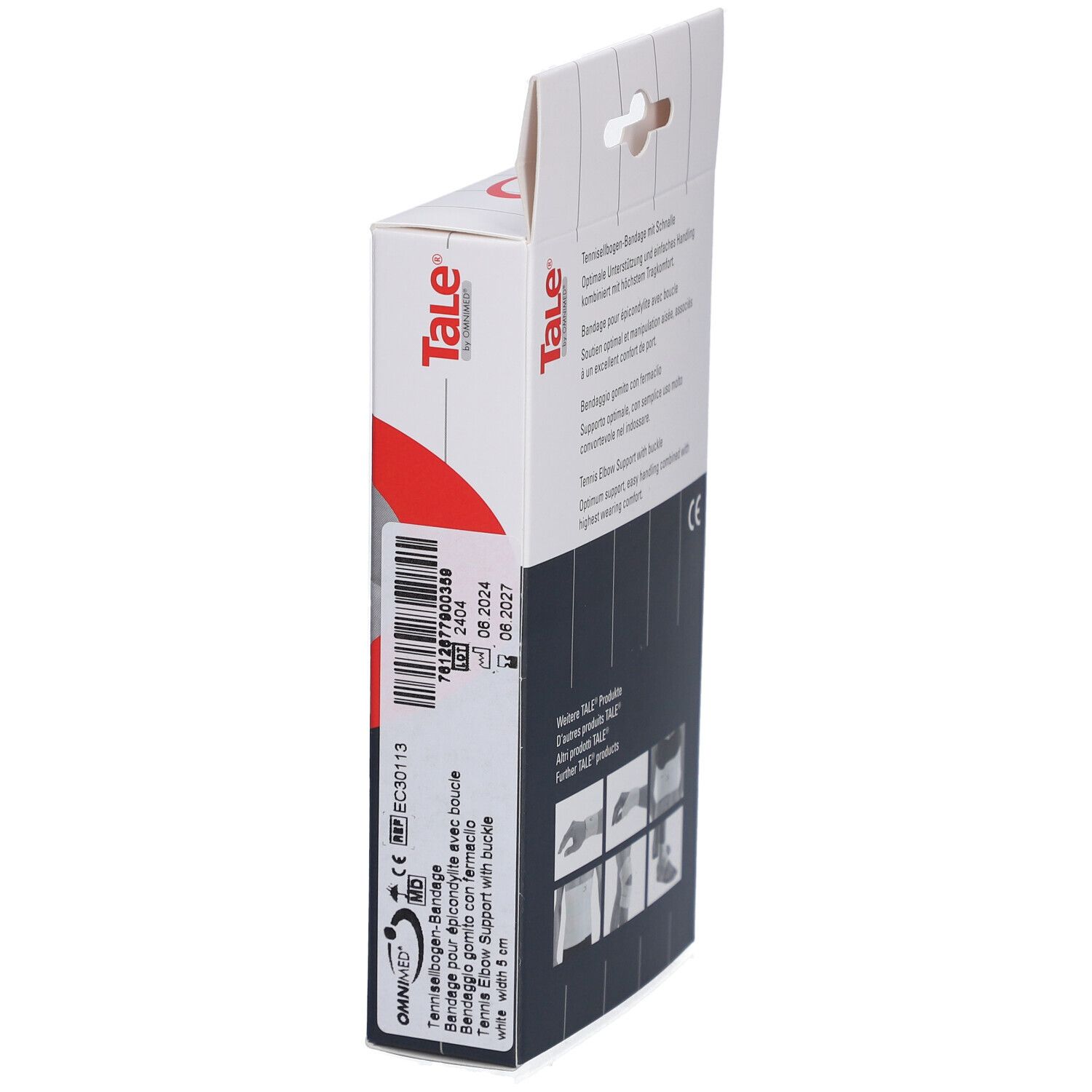Verpackung, Seitenansicht. Text: Tale, Tennisellbogen-Bandage mit Schnalle. Aufdruck: EC30113. Haltbarkeitsdaten.