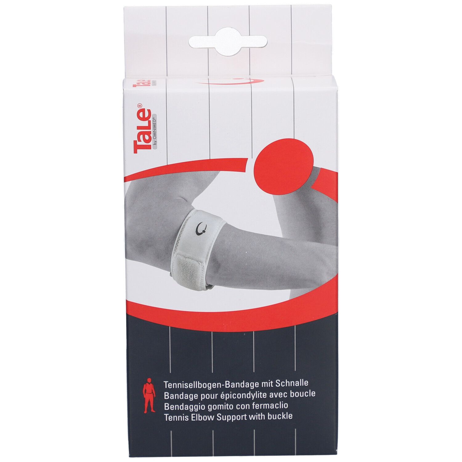 Verpackung mit Bandage für den Ellenbogen. Text: Tale, Tennisellbogen-Bandage mit Schnalle. Abbildung eines Arms mit Bandage.