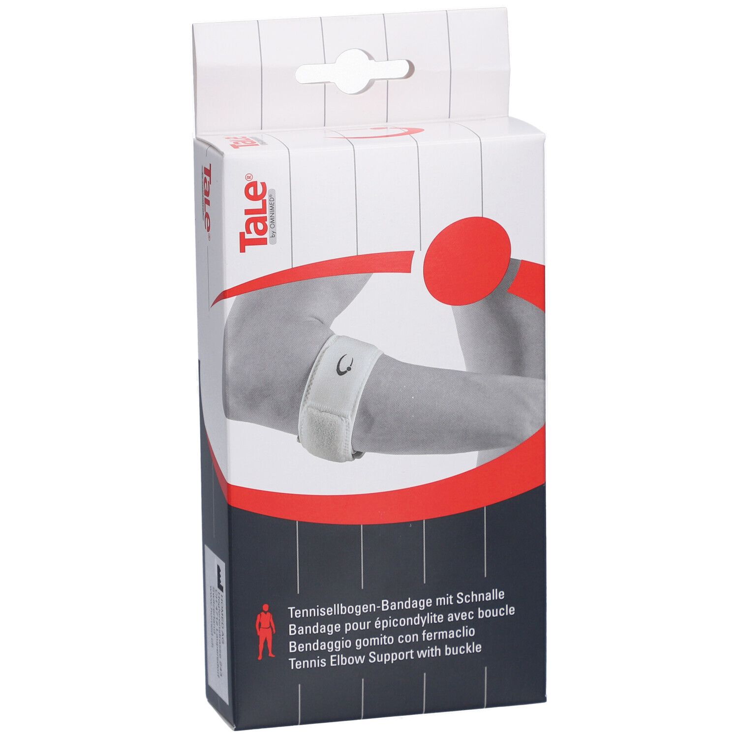 Verpackung mit Bandage für den Ellenbogen. Text: Tale, Tennisellbogen-Bandage mit Schnalle. Abbildung eines Arms mit Bandage.