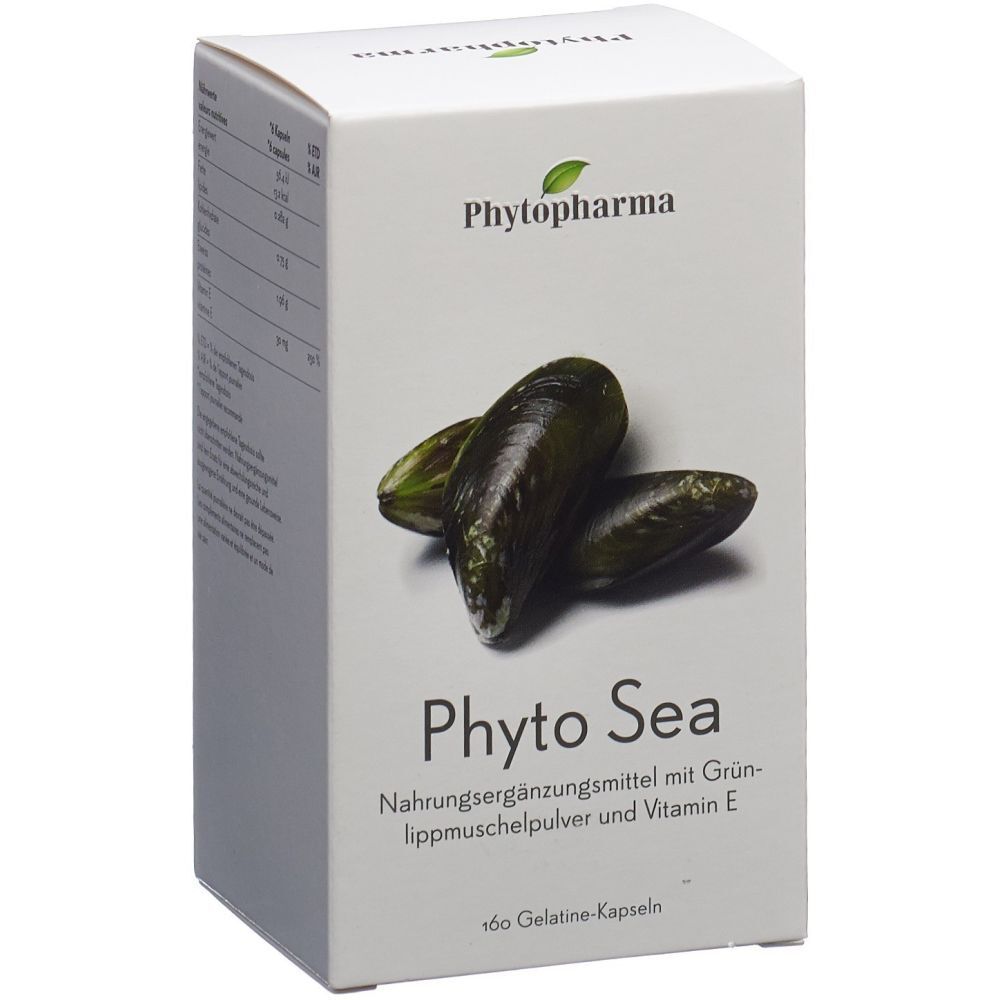 Weiße Schachtel mit "Phytopharma"-Logo und "Phyto Sea"-Schriftzug. Abbildung von Muscheln. 160 Kapseln.