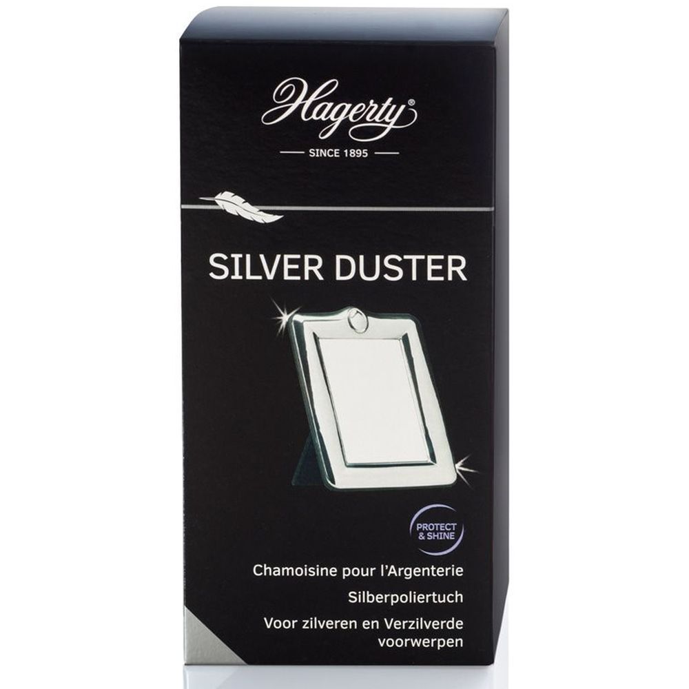 Schwarze Schachtel mit "Hagerty Silver Duster". Silbernes Objekt abgebildet. Text: "Chamoisine pour l'argenterie".