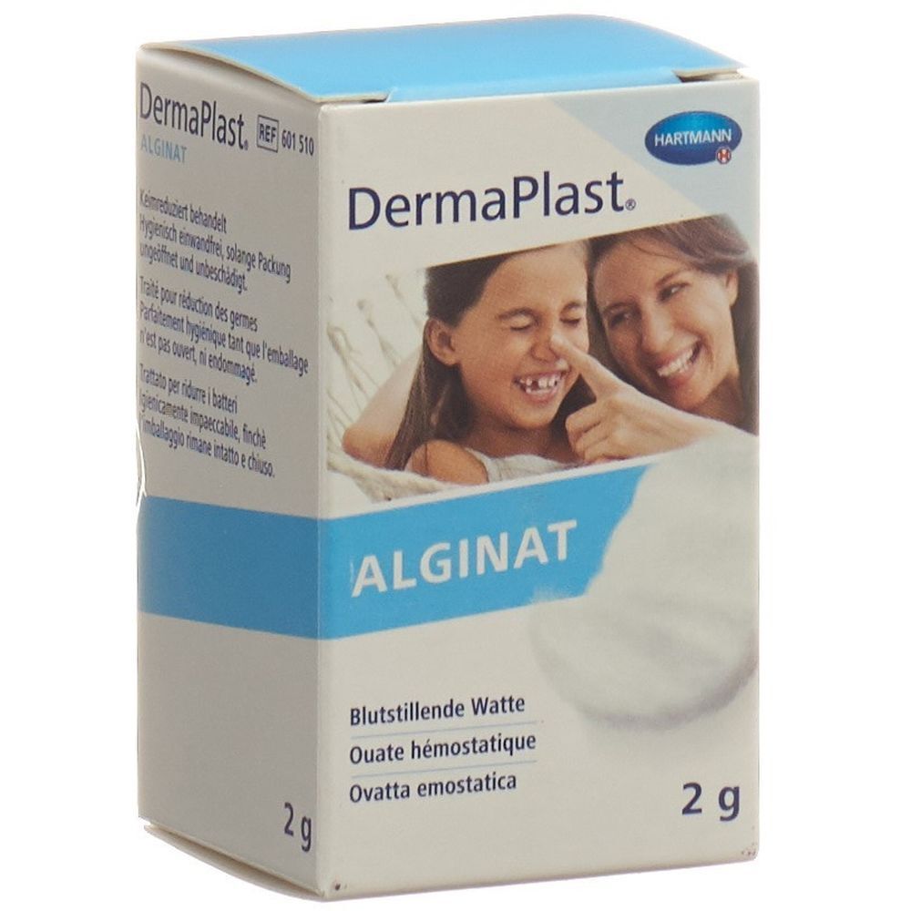 Karton von DermaPlast Alginat. Aufdruck: Alginat, blutstillende Watte, 2g. Bild: Mutter und Kind.