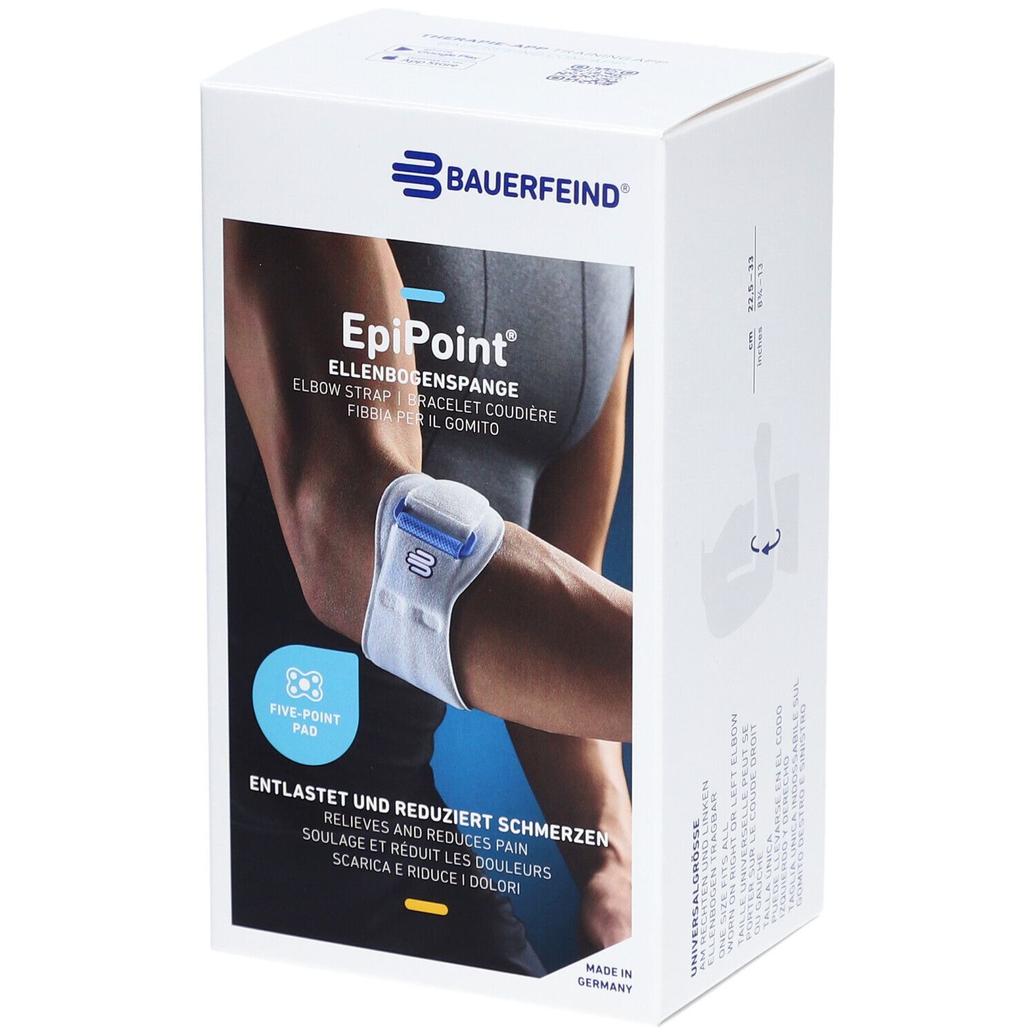 Verpackung der BAUERFEIND® EpiPoint® Ellebogenspange. Produktabbildung mit Arm. Text: Entlastet und reduziert Schmerzen.