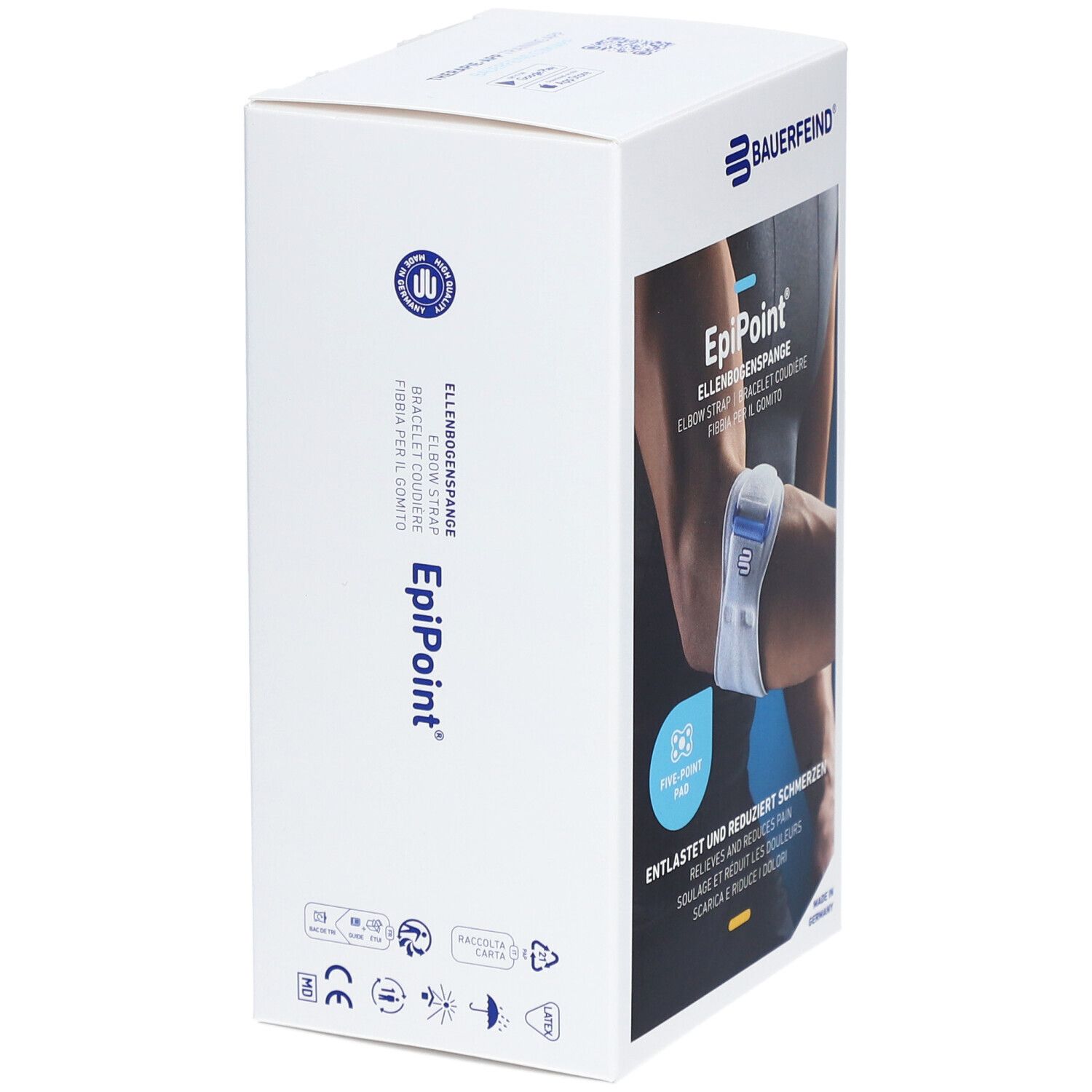 Verpackung der BAUERFEIND® EpiPoint® Ellebogenspange. Produktabbildung mit Arm. CE-Kennzeichnung.