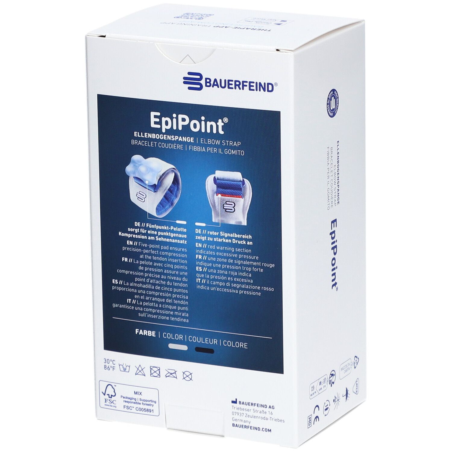Verpackung der BAUERFEIND® EpiPoint® Ellebogenspange. Rückseite mit Produktinformationen und Farbangaben.