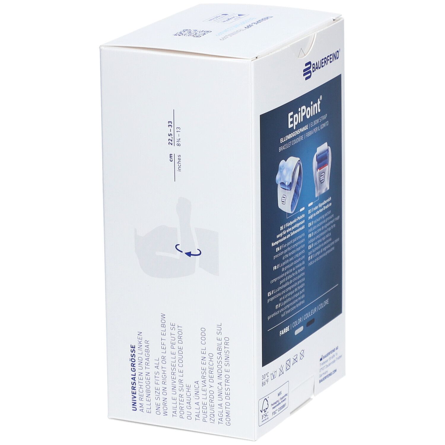 Verpackung der BAUERFEIND® EpiPoint® Ellebogenspange. Seitenansicht mit Größenangaben und Illustration.
