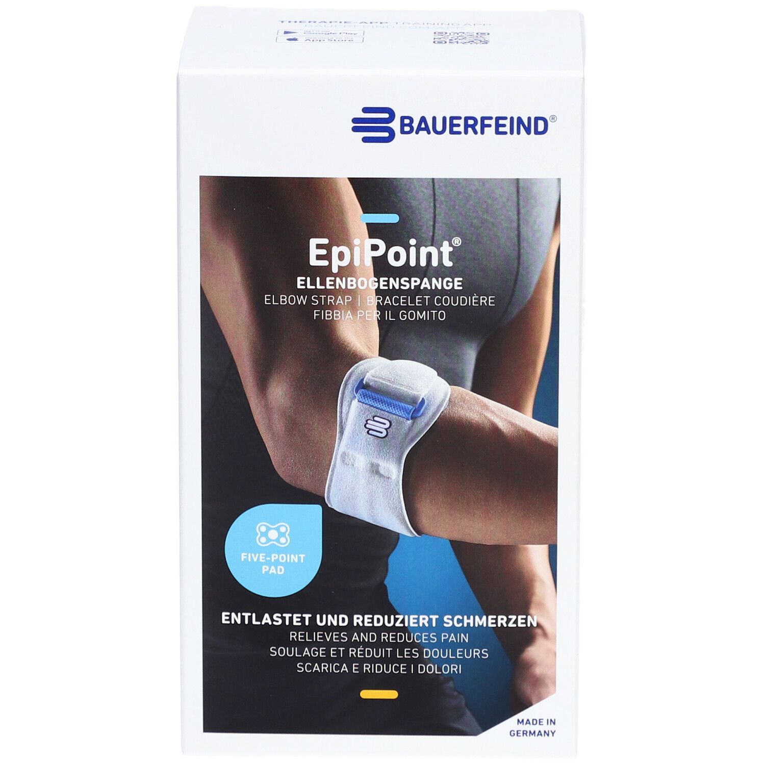 Verpackung der BAUERFEIND® EpiPoint® Ellebogenspange. Produktabbildung mit Arm. Text: Entlastet und reduziert Schmerzen.