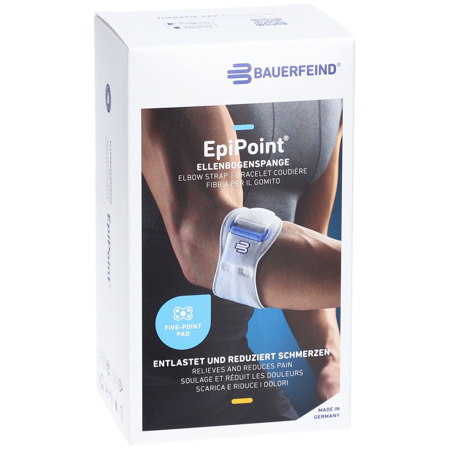 Verpackung der BAUERFEIND® EpiPoint® Ellebogenspange. Produktabbildung mit Arm. Text: Entlastet und reduziert Schmerzen.