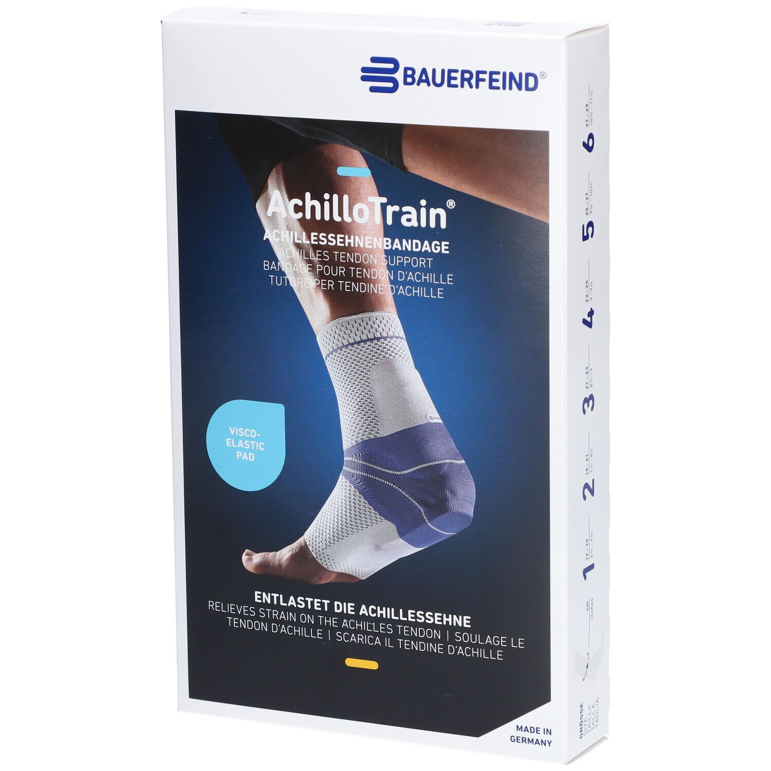 Verpackung der AchilloTrain-Bandage von BAUERFEIND. Weißer Karton mit Produktabbildung und Text. Visco-Elastic Pad.