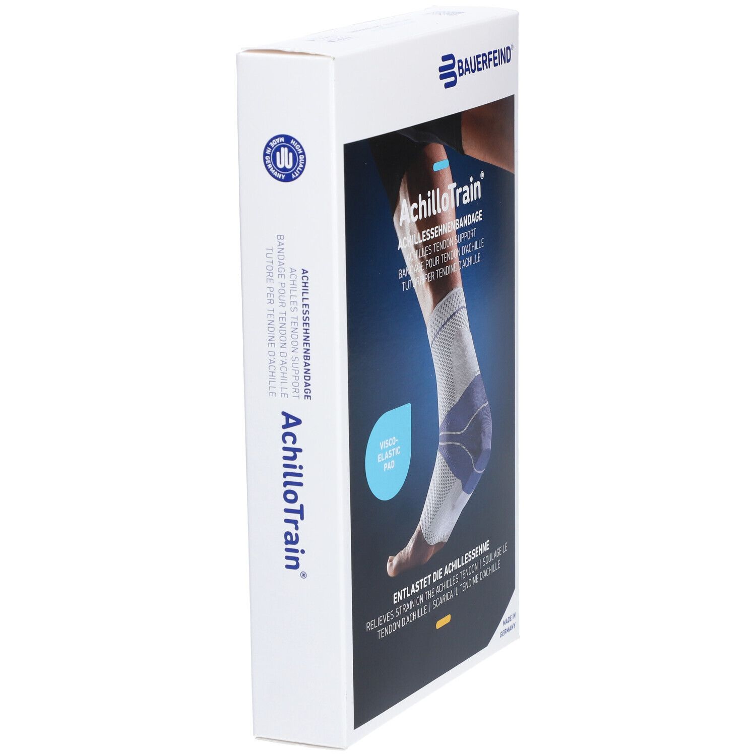 Schrägansicht der Verpackung der AchilloTrain-Bandage von BAUERFEIND. Weißer Karton mit Produktabbildung und Text.