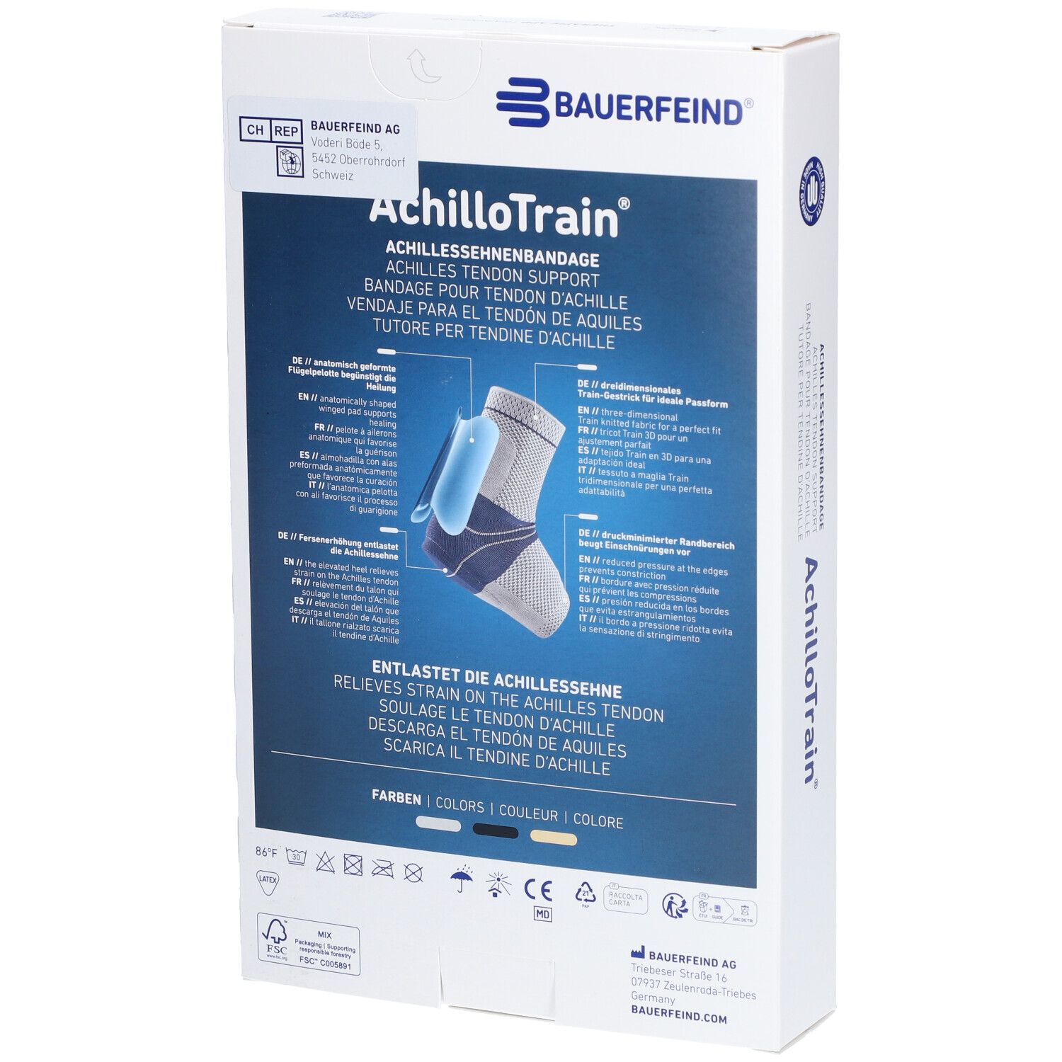 Rückseite der Verpackung der AchilloTrain-Bandage von BAUERFEIND. Text in mehreren Sprachen, Produktabbildung und Logos.