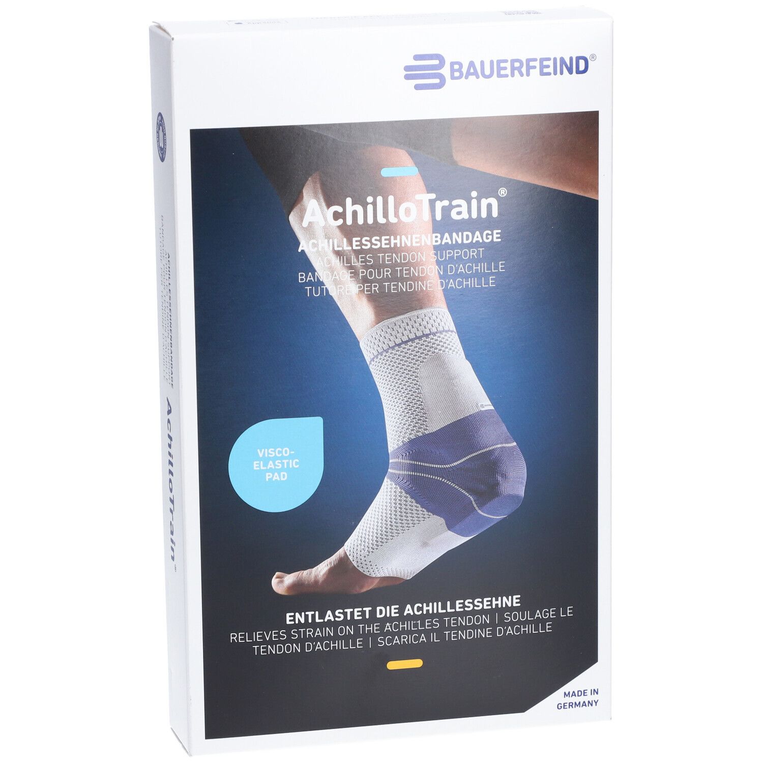 Verpackung der AchilloTrain-Bandage von BAUERFEIND. Weißer Karton mit Produktabbildung und Text. Visco-Elastic Pad.