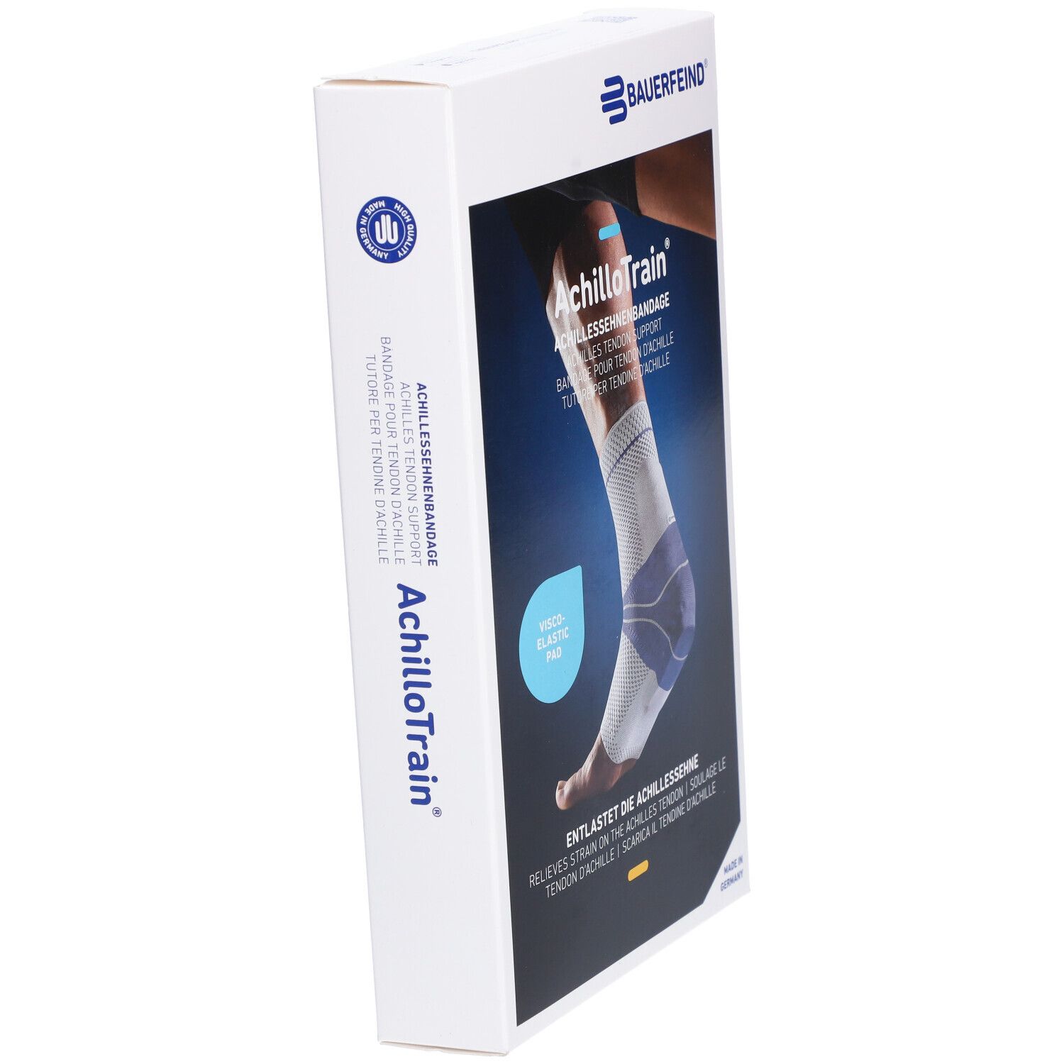 Verpackung der AchilloTrain Bandage. Weißer Karton mit Produktabbildung und Logo. Text in Deutsch, Englisch, Französisch und Italienisch.
