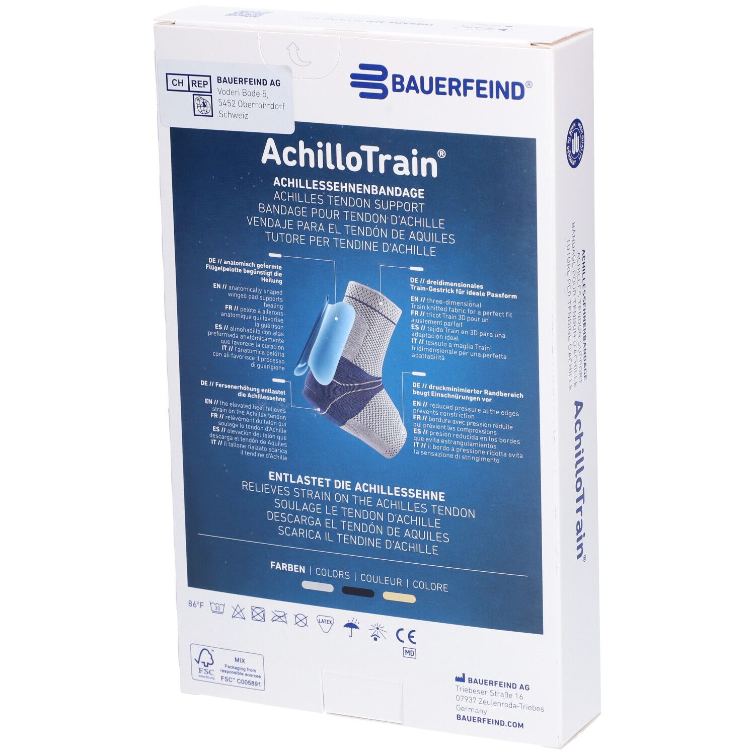 Rückseite der AchilloTrain Bandage Verpackung. Produktabbildung, Text in mehreren Sprachen, CE-Kennzeichnung, und Logo.