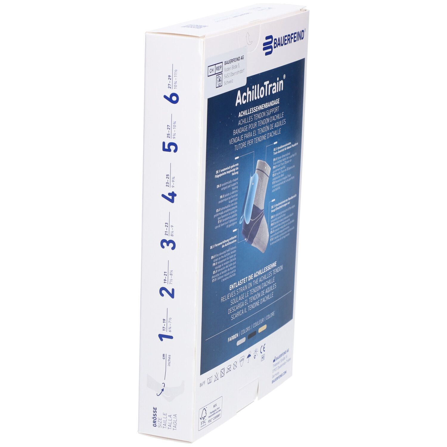Seite der AchilloTrain Bandage Verpackung. Größenangaben und Logo. Weißer Karton mit blauer Schrift.