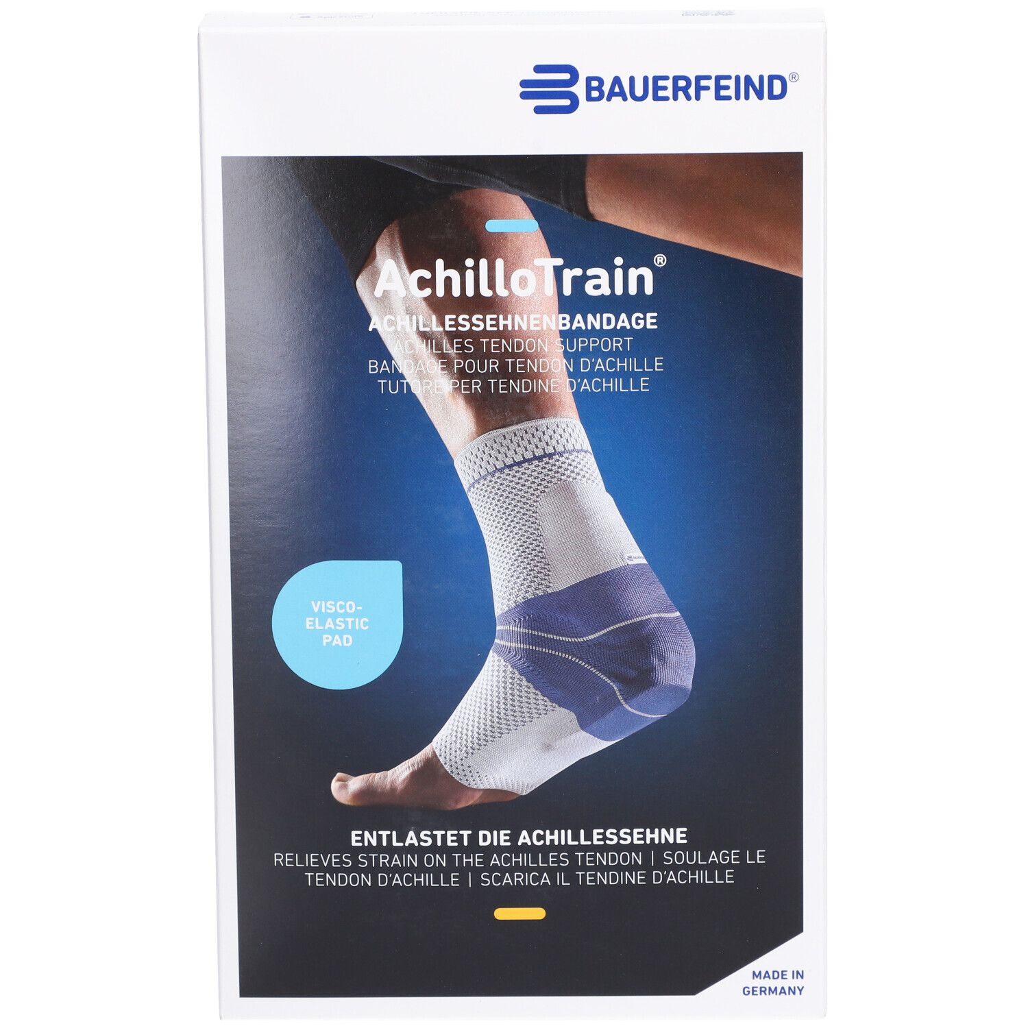 Vorderseite der AchilloTrain Bandage Verpackung. Produktabbildung, Logo und Text. Visco-elastisches Pad hervorgehoben.