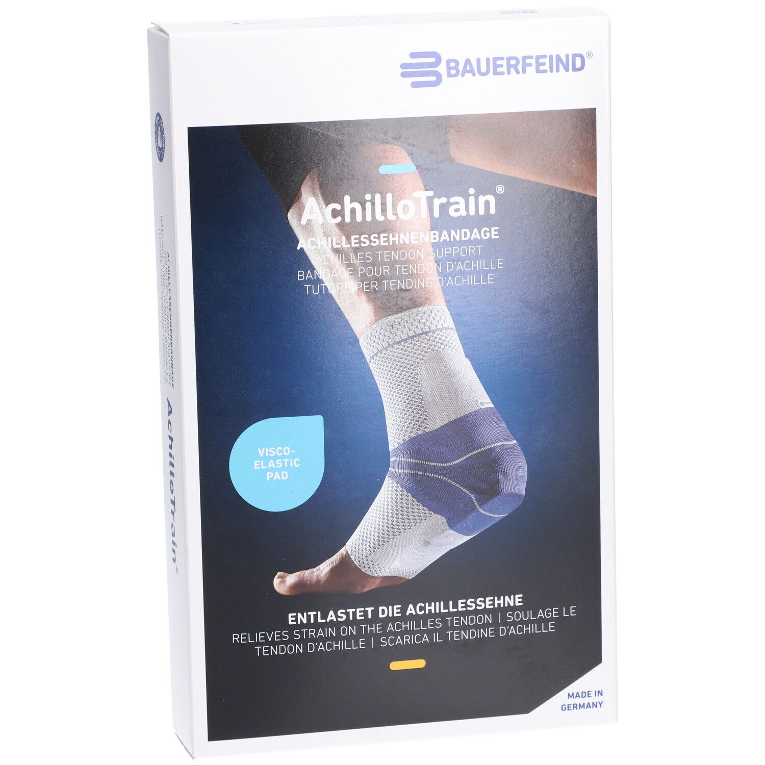 Vorderseite der AchilloTrain Bandage Verpackung. Produktabbildung, Logo und Text. Visco-elastisches Pad hervorgehoben.