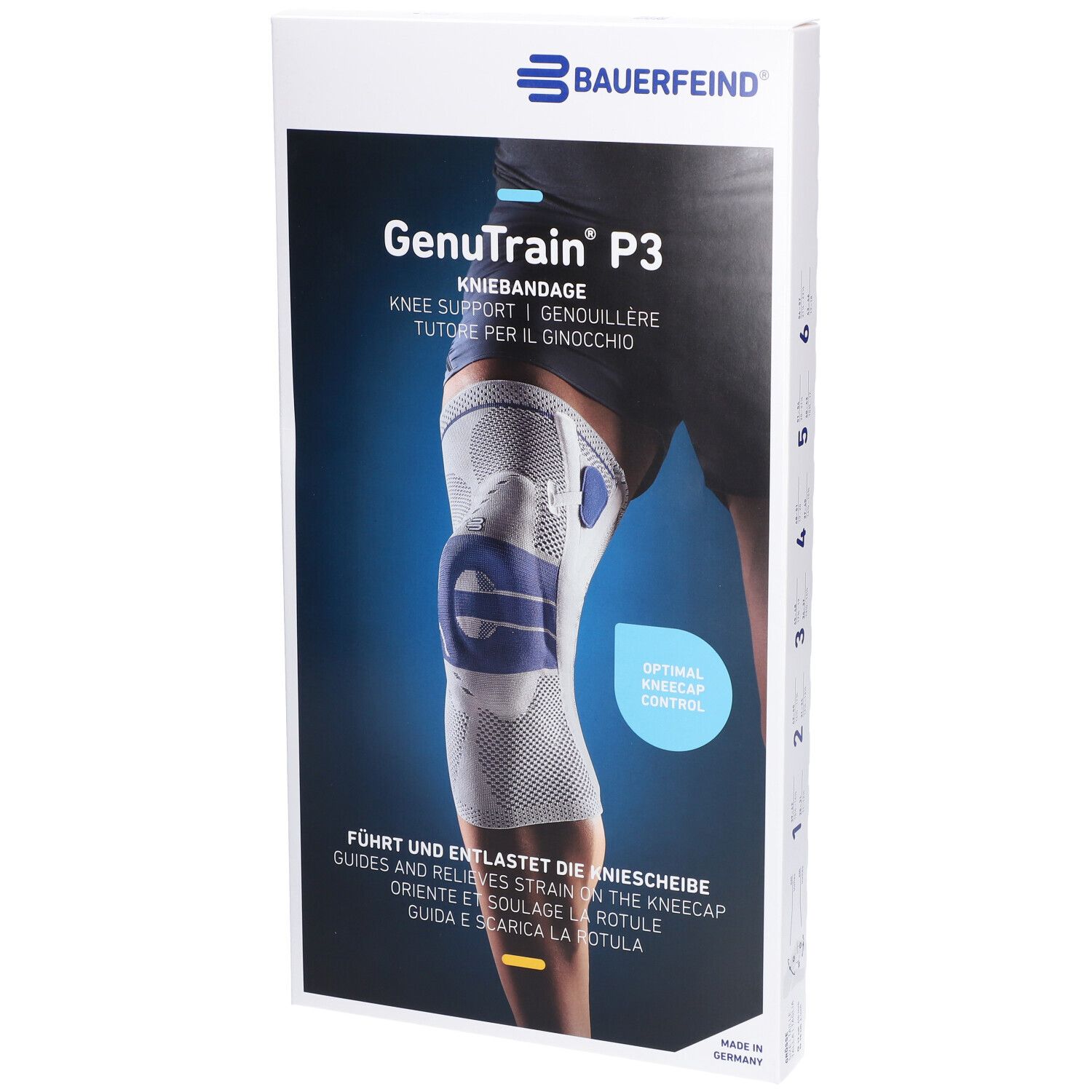 Verpackung der Kniebandage GenuTrain P3. Marke Bauerfeind. Text: Kniebandage, Knie Support, Größe 5 links. Blau-weißes Design.