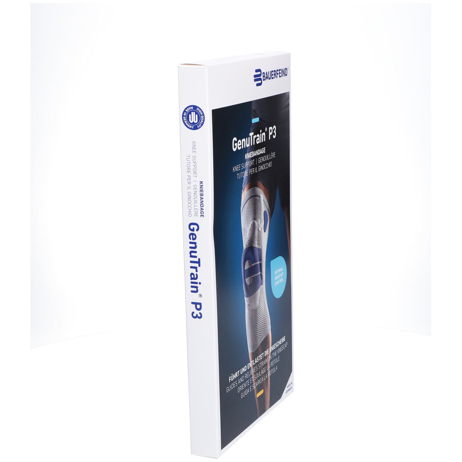 Verpackung der Kniebandage GenuTrain P3, Marke Bauerfeind. Seitenansicht. Text: Kniebandage, Knie Support, Größe 5 links. Weißer Hintergrund.