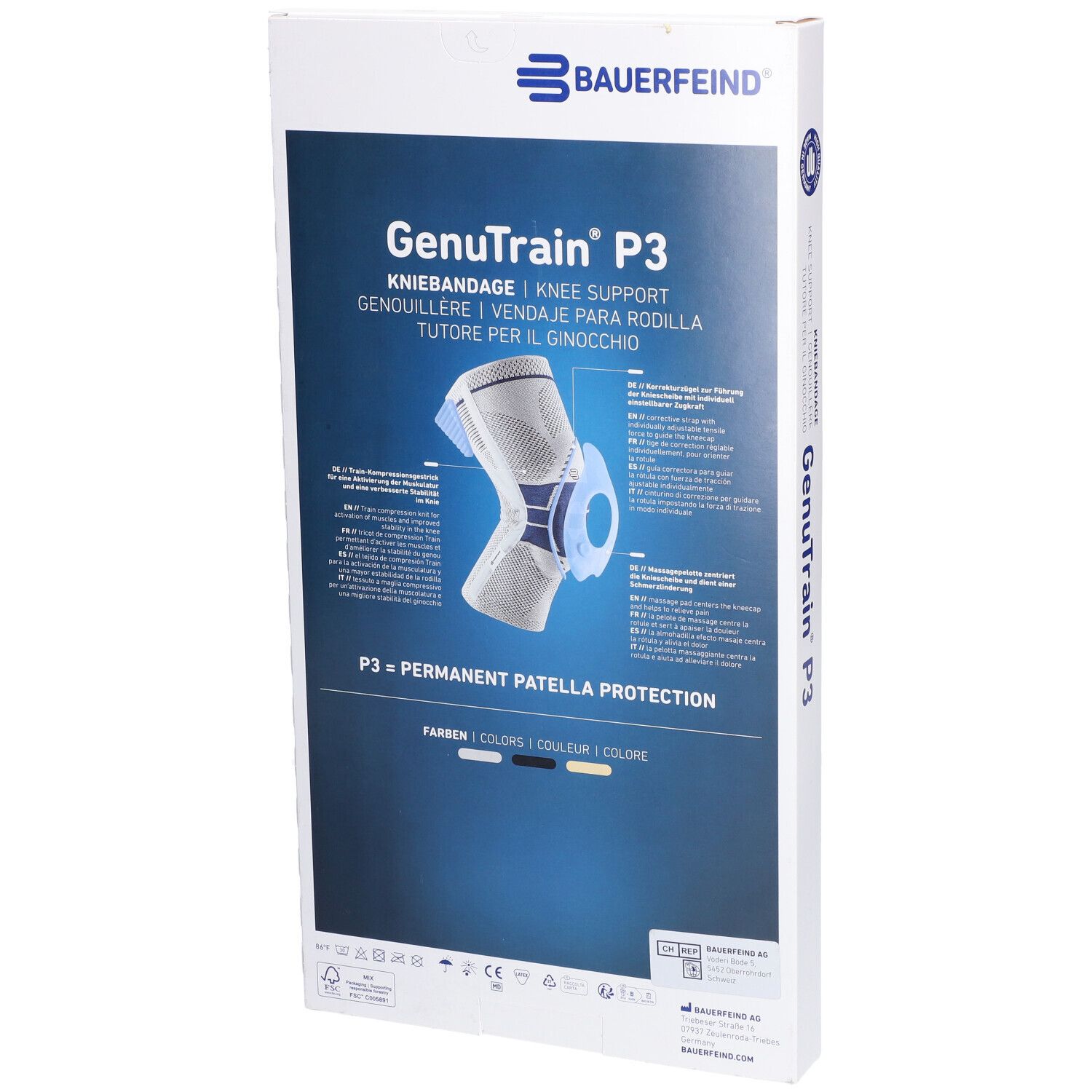 Verpackung der Kniebandage GenuTrain P3. Marke Bauerfeind. Text: Kniebandage, Knie Support, Größe 5 links. P3 = Permanent Patella Protection.