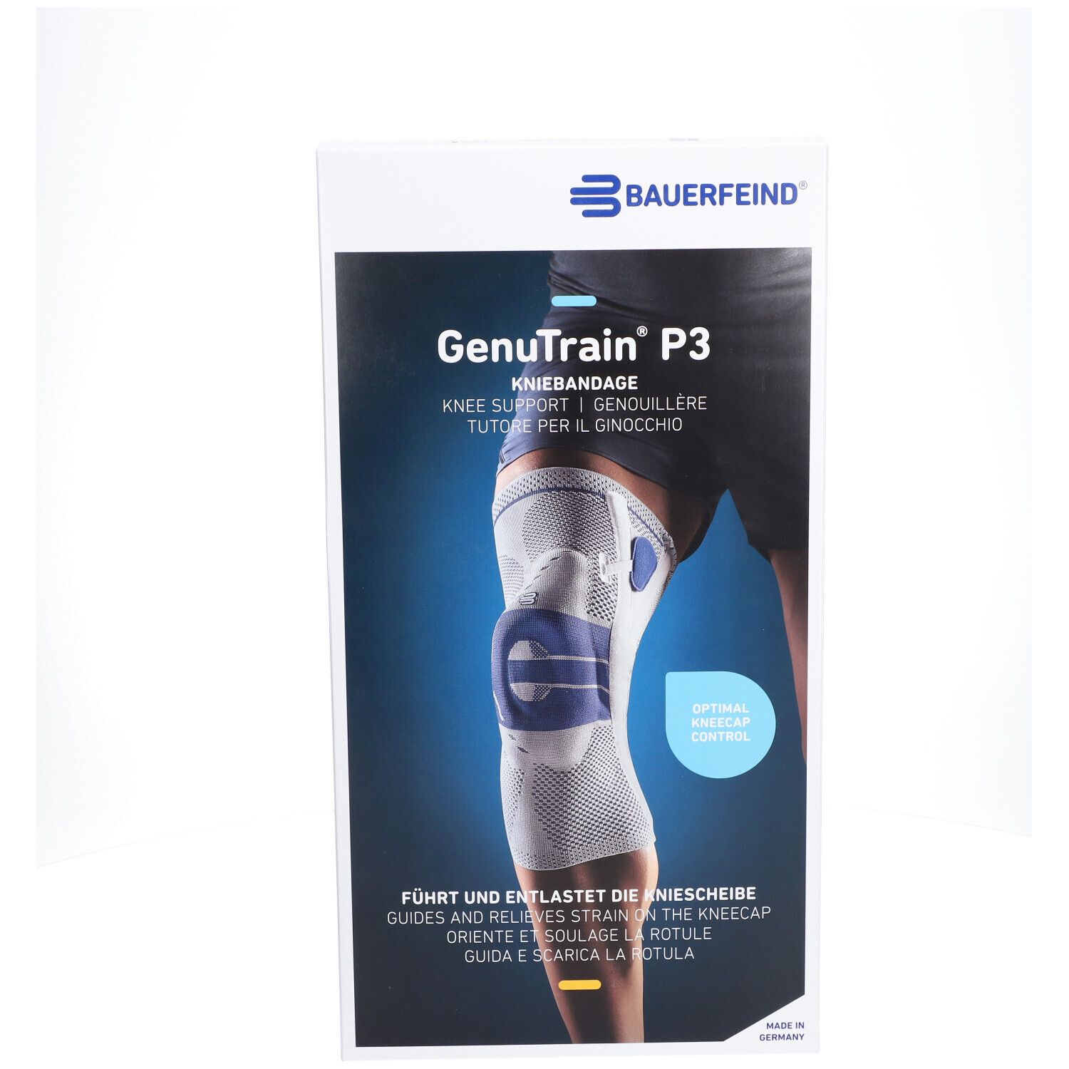 Verpackung der Kniebandage GenuTrain P3. Marke Bauerfeind. Text: Kniebandage, Knie Support, Größe 5 links. Blau-weißes Design. Optimal Kniecap Control.