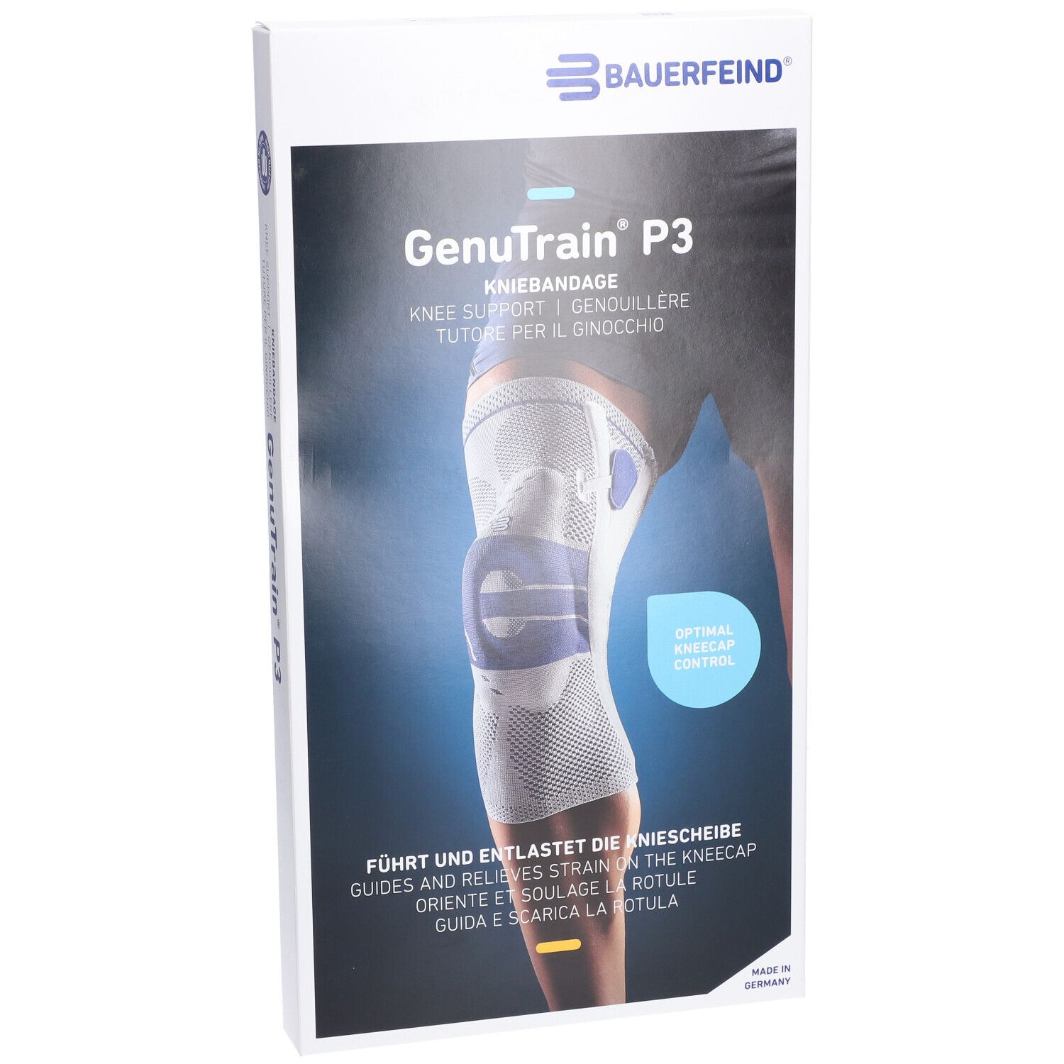 Verpackung der Kniebandage GenuTrain P3. Marke Bauerfeind. Text: Kniebandage, Knie Support, Größe 5 links. Blau-weißes Design. Made in Germany.