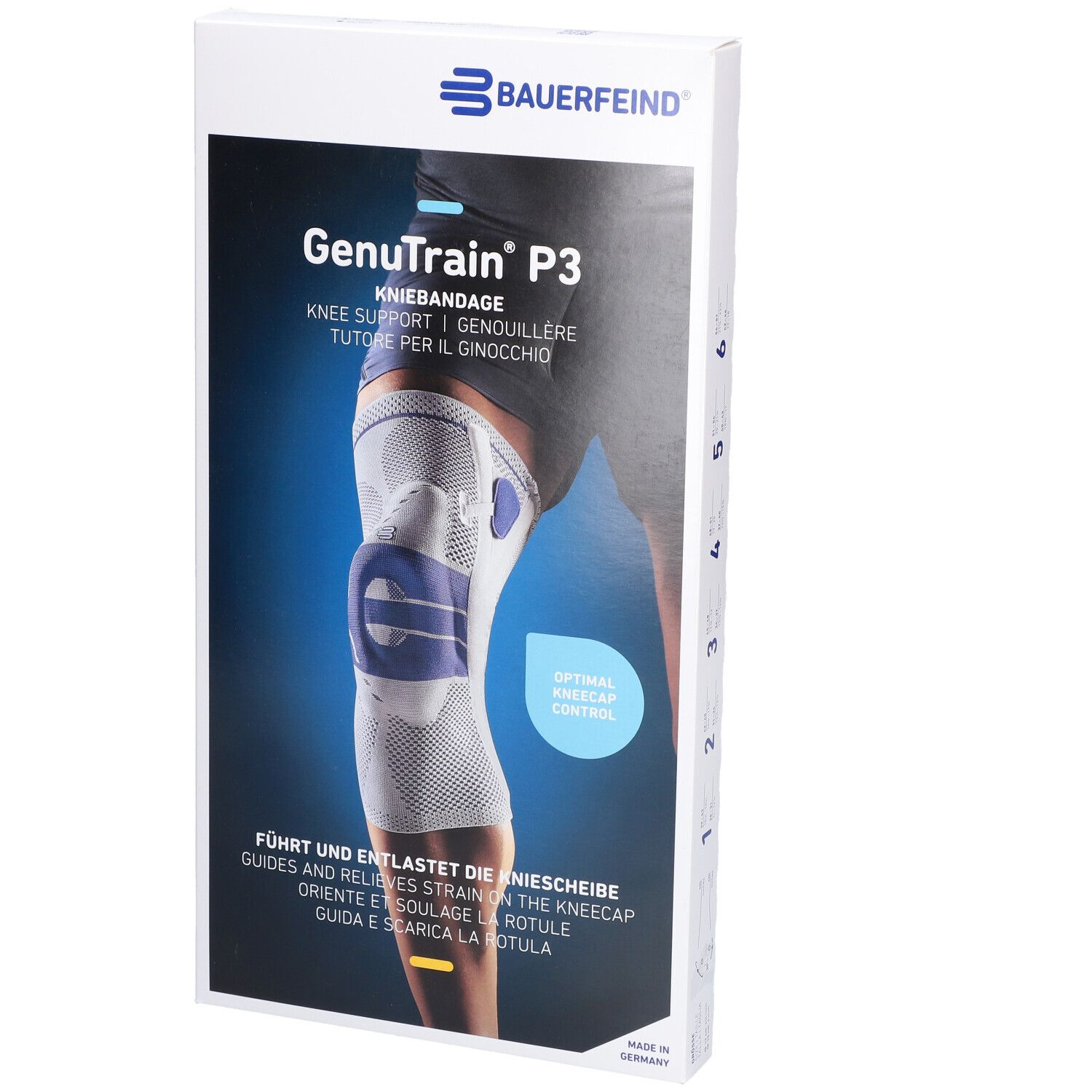 Verpackung der Knieorthese. Aufdruck: Bauerfeind, Genutrain P3, Kniebandage. Abbildung der Orthese am Bein. Text: Führt und entlastet die Kniescheibe.