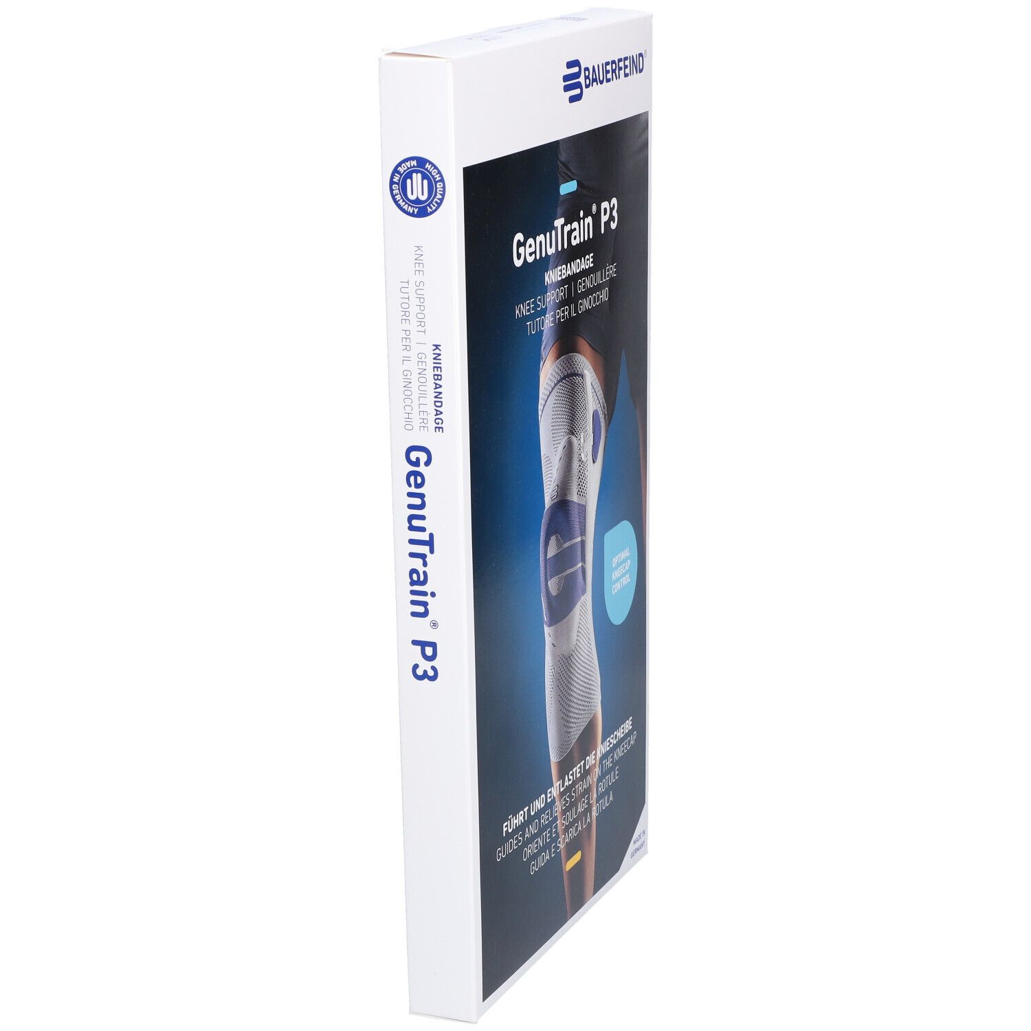 Verpackung, Seitenansicht. Aufdruck: Bauerfeind, Genutrain P3, Kniebandage. Abbildung der Orthese am Bein. Text: Führt und entlastet die Kniescheibe.