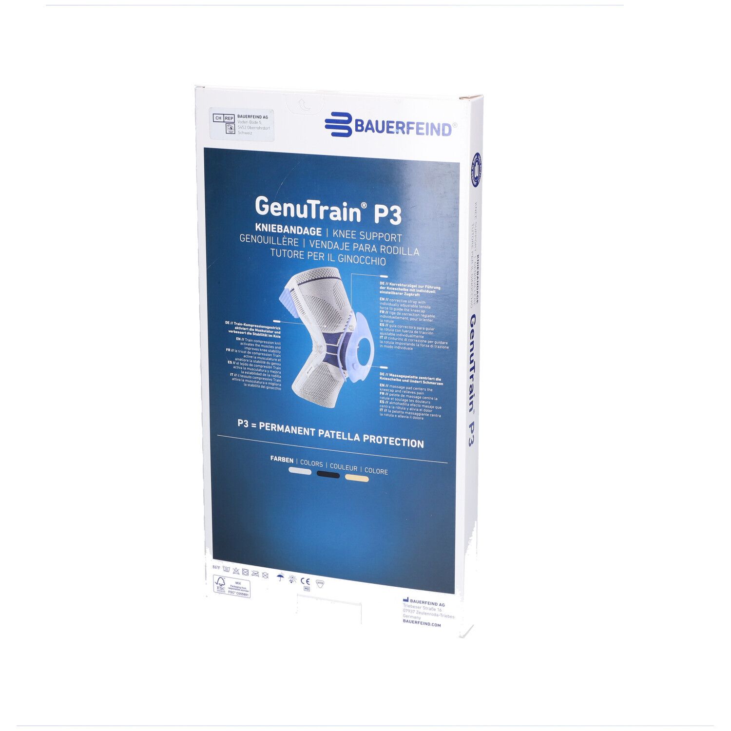 Verpackung, Vorderseite. Aufdruck: Bauerfeind, Genutrain P3, Kniebandage. Abbildung der Orthese. Text: P3 - Permanente Patella Protection. Farbcode.
