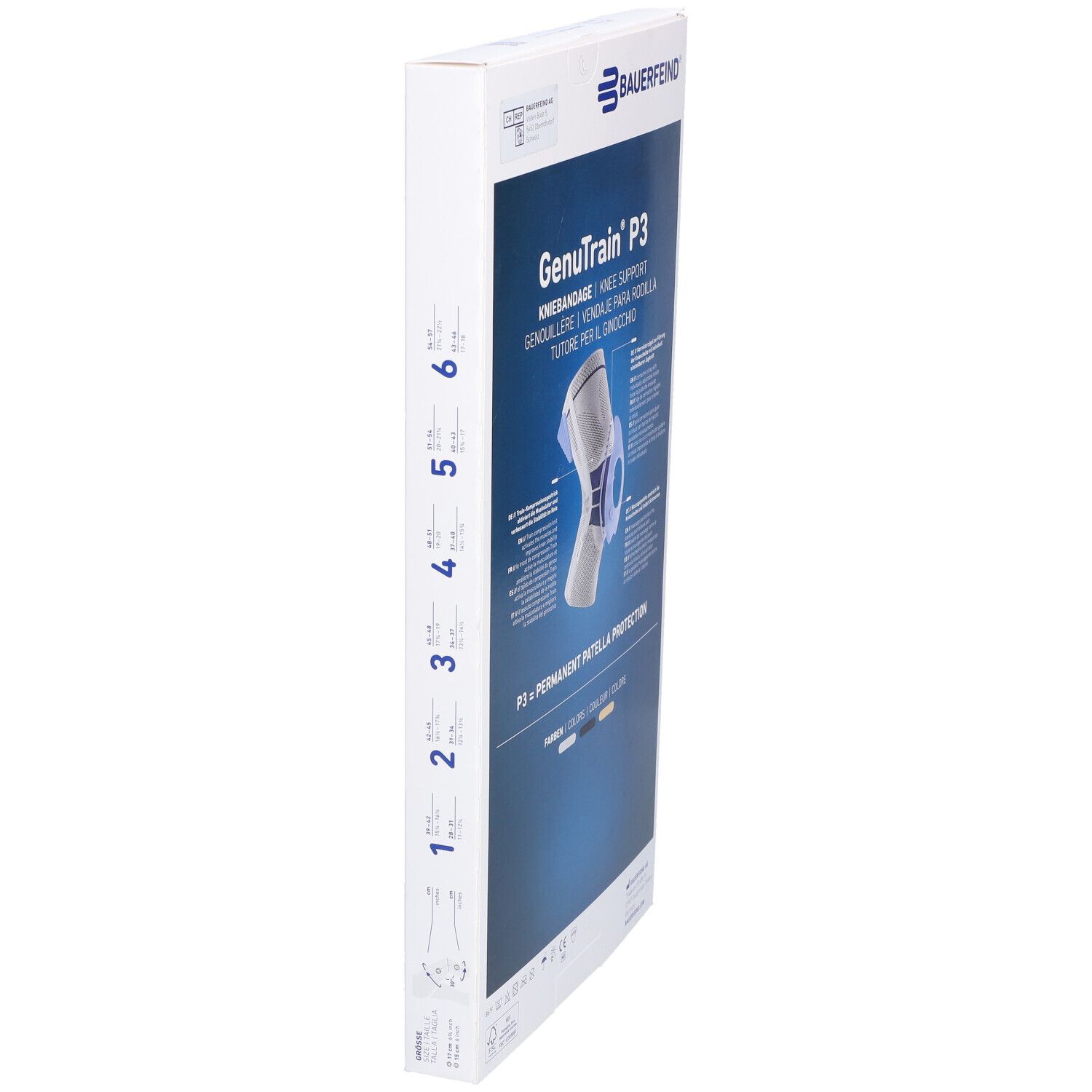 Verpackung, Seitenansicht. Aufdruck: Bauerfeind, Genutrain P3, Kniebandage. Abbildung der Orthese. Text: P3 - Permanente Patella Protection. Größenangaben.