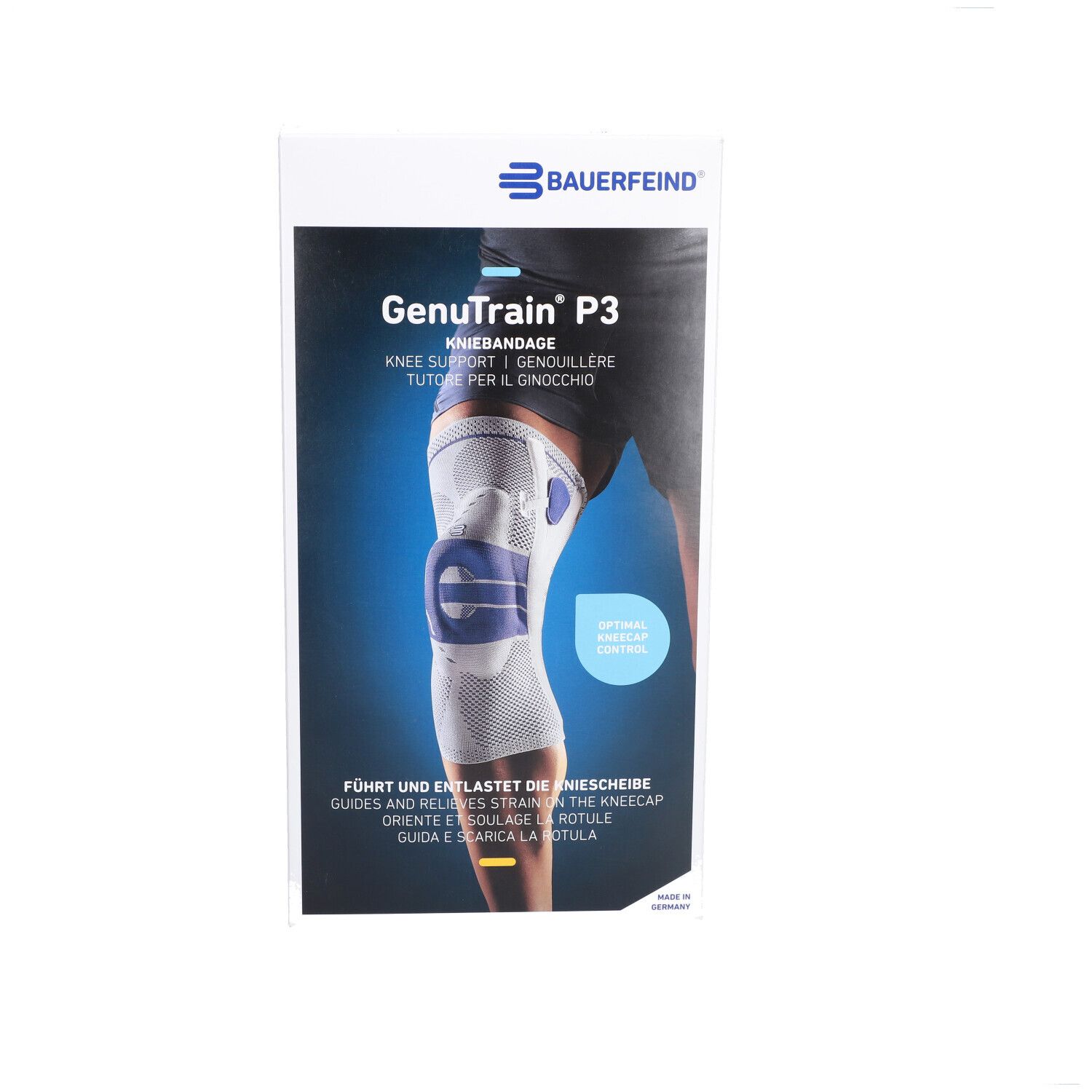 Verpackung, Vorderseite. Aufdruck: Bauerfeind, Genutrain P3, Kniebandage. Abbildung der Orthese am Bein. Text: Führt und entlastet die Kniescheibe.