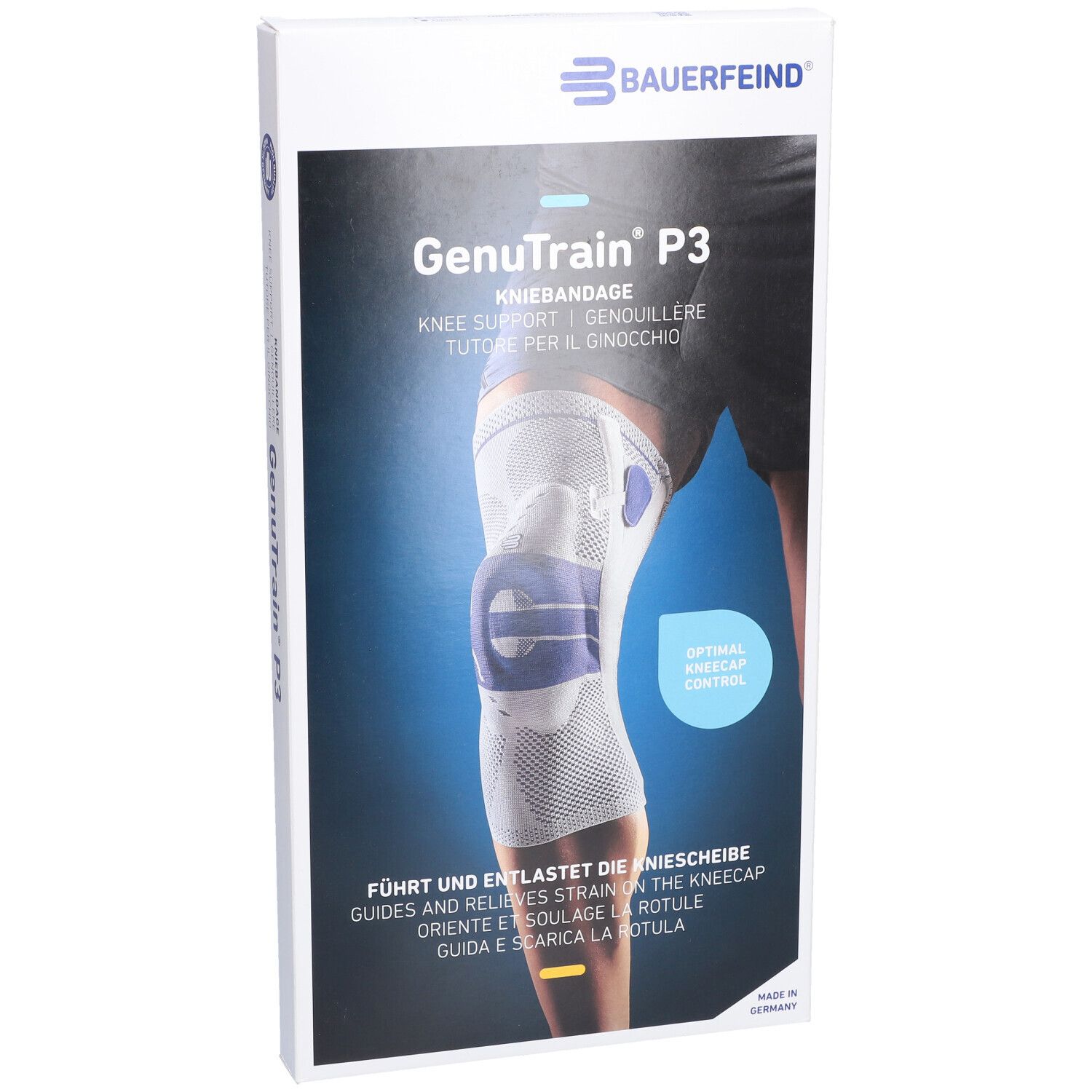 Verpackung, Vorderseite. Aufdruck: Bauerfeind, Genutrain P3, Kniebandage. Abbildung der Orthese am Bein. Text: Führt und entlastet die Kniescheibe.