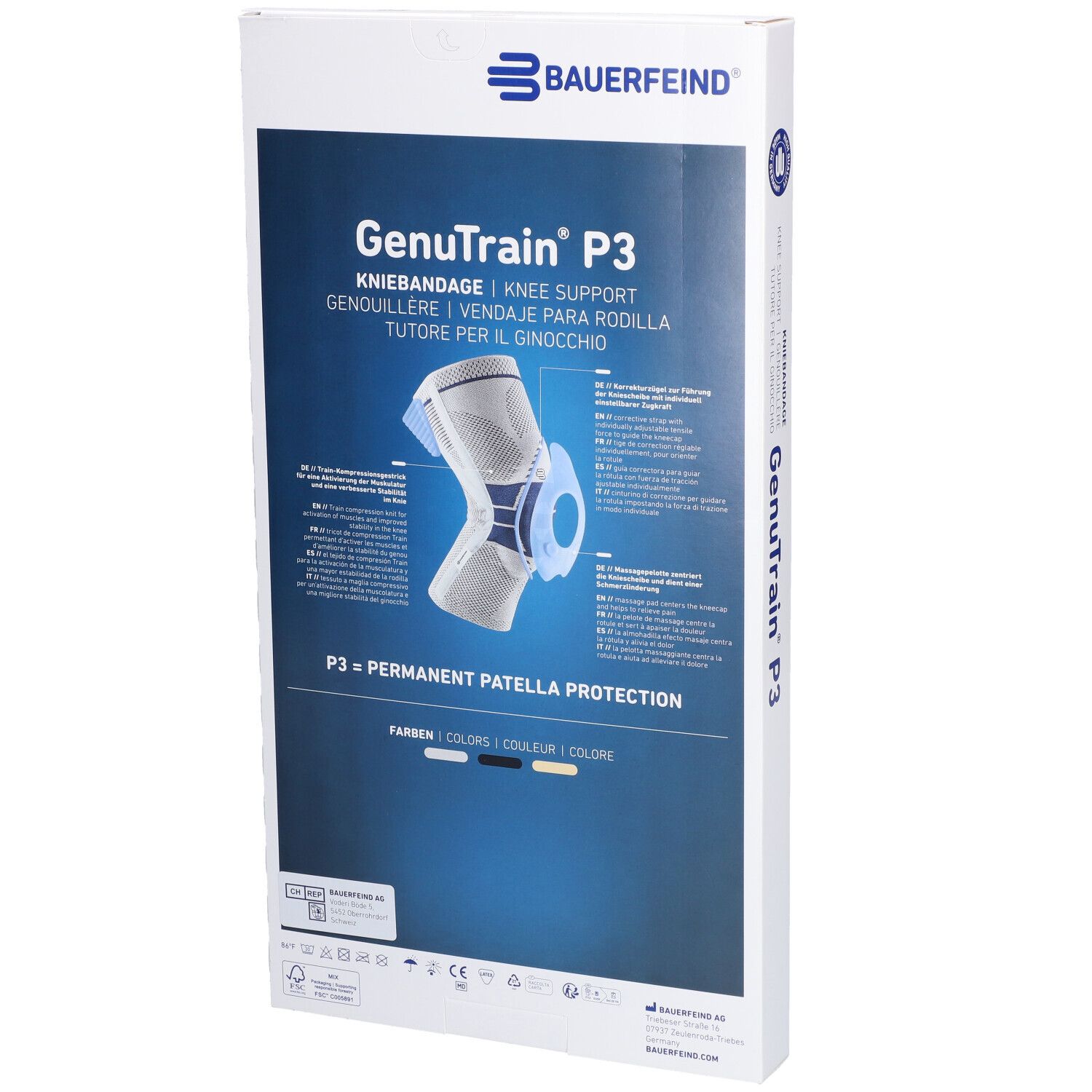 Emballage de genouillère Bauerfeind GenuTrain P3. Textes en allemand, anglais, français et italien. Illustration du produit.